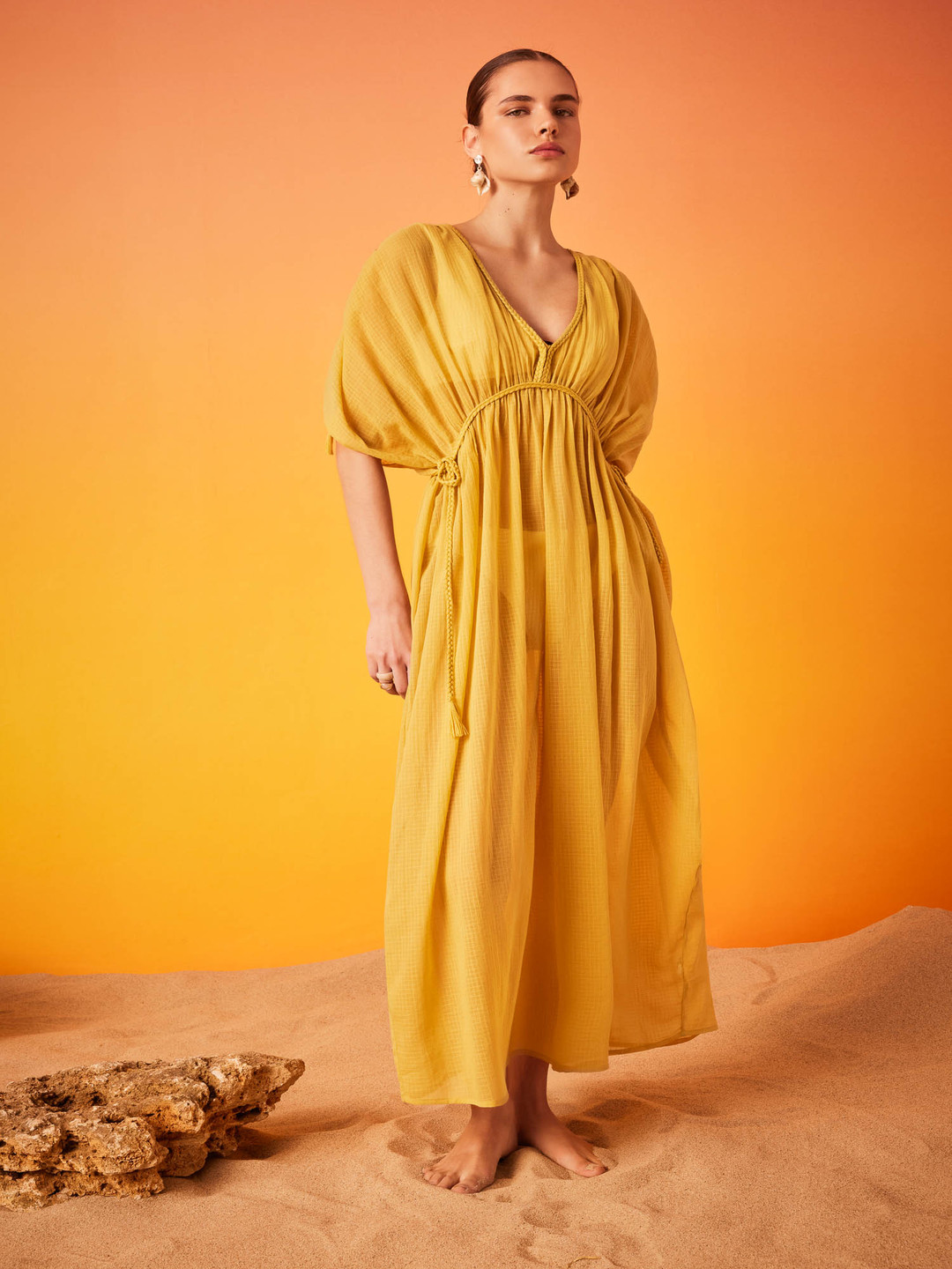 

DeFacto Women Checked Pure Cotton V-Neck Cover Up Top, Yellow