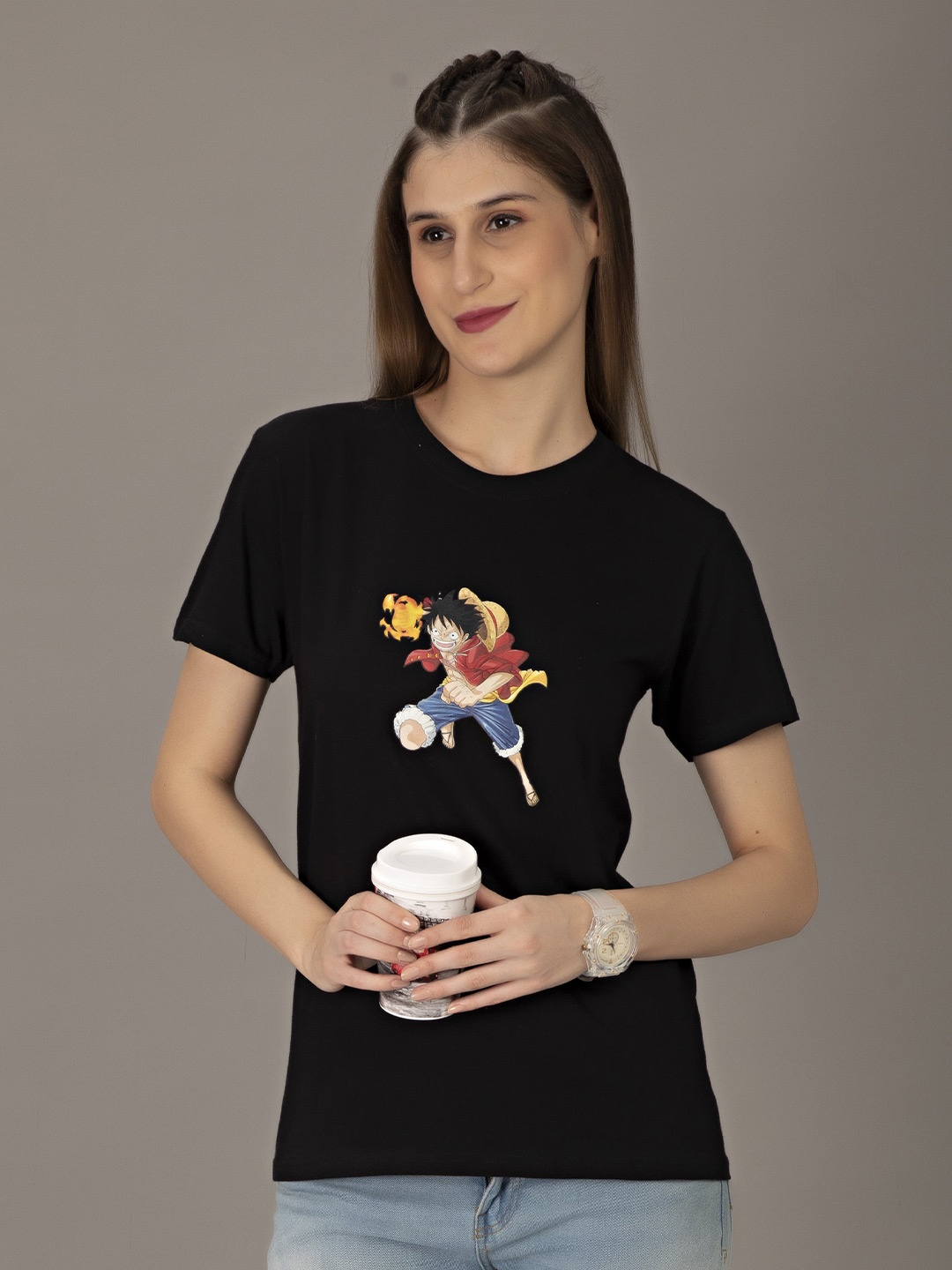 

STHULAS Luffy Printed Pure Cotton T-Shirt, Black