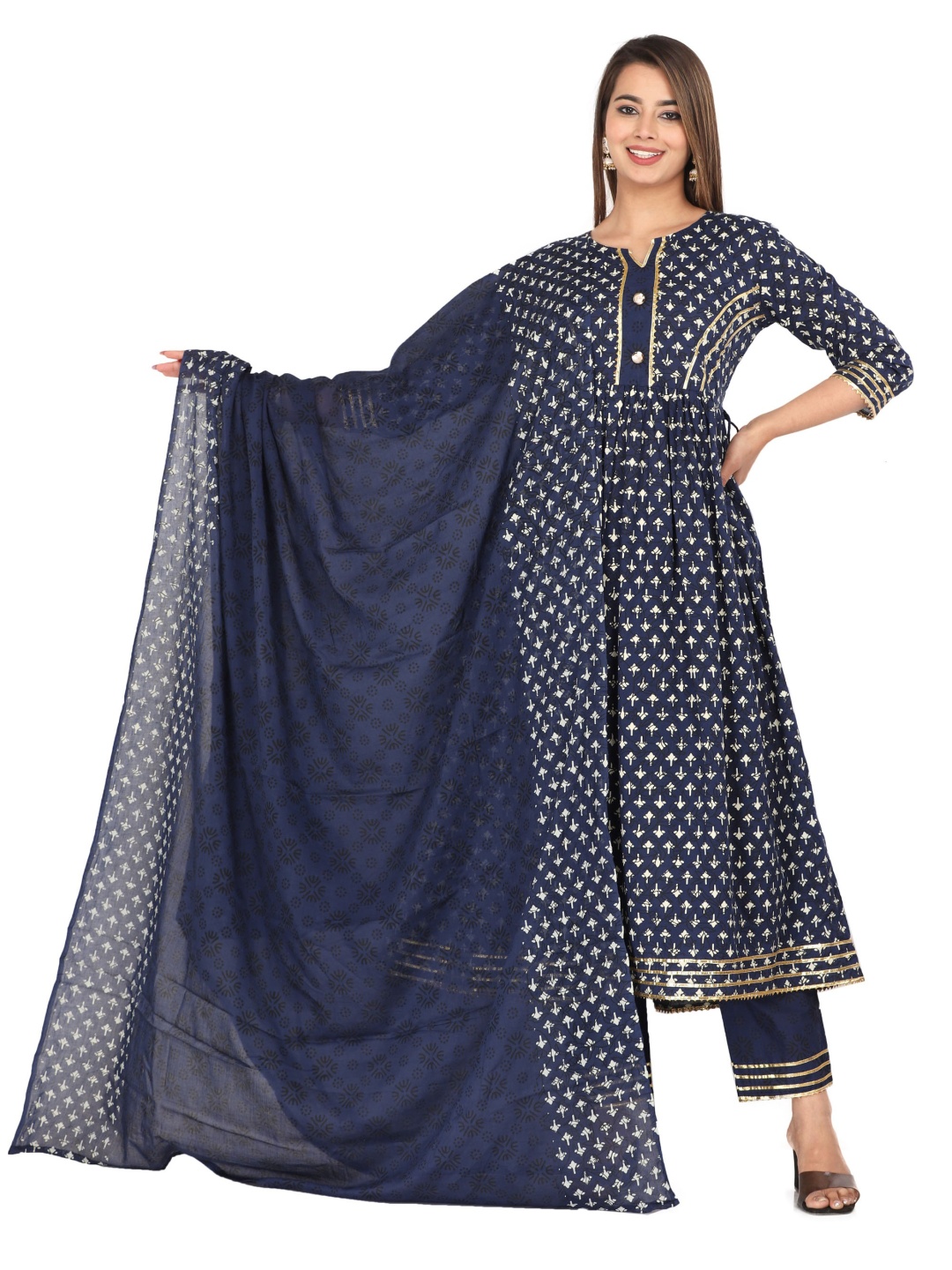 

MILAAV Geometric Printed Anarkali Kurta With Palazzos & Dupatta, Navy blue