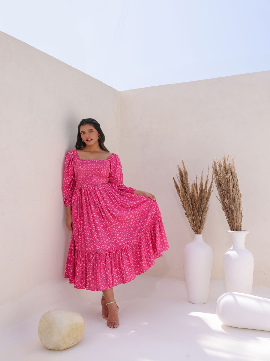 

Polago Clothing Women Polka Dot Print Square Neck Puff Sleeve Fit and Flare Midi Dress, Pink