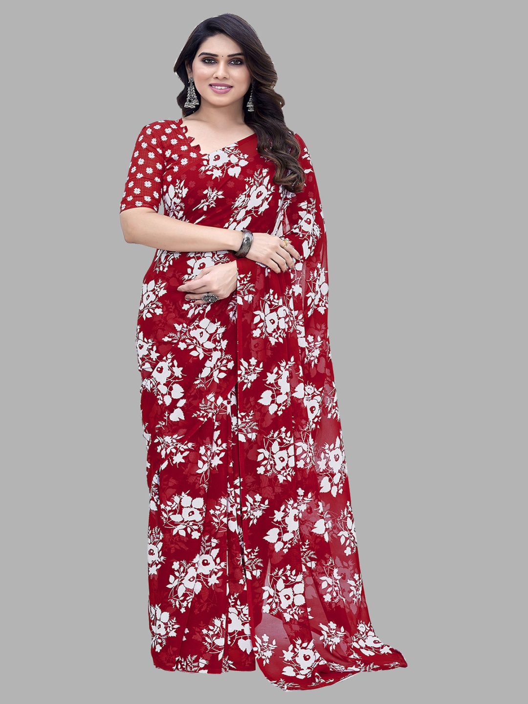 

ANAND SAREES Floral Printed, Red