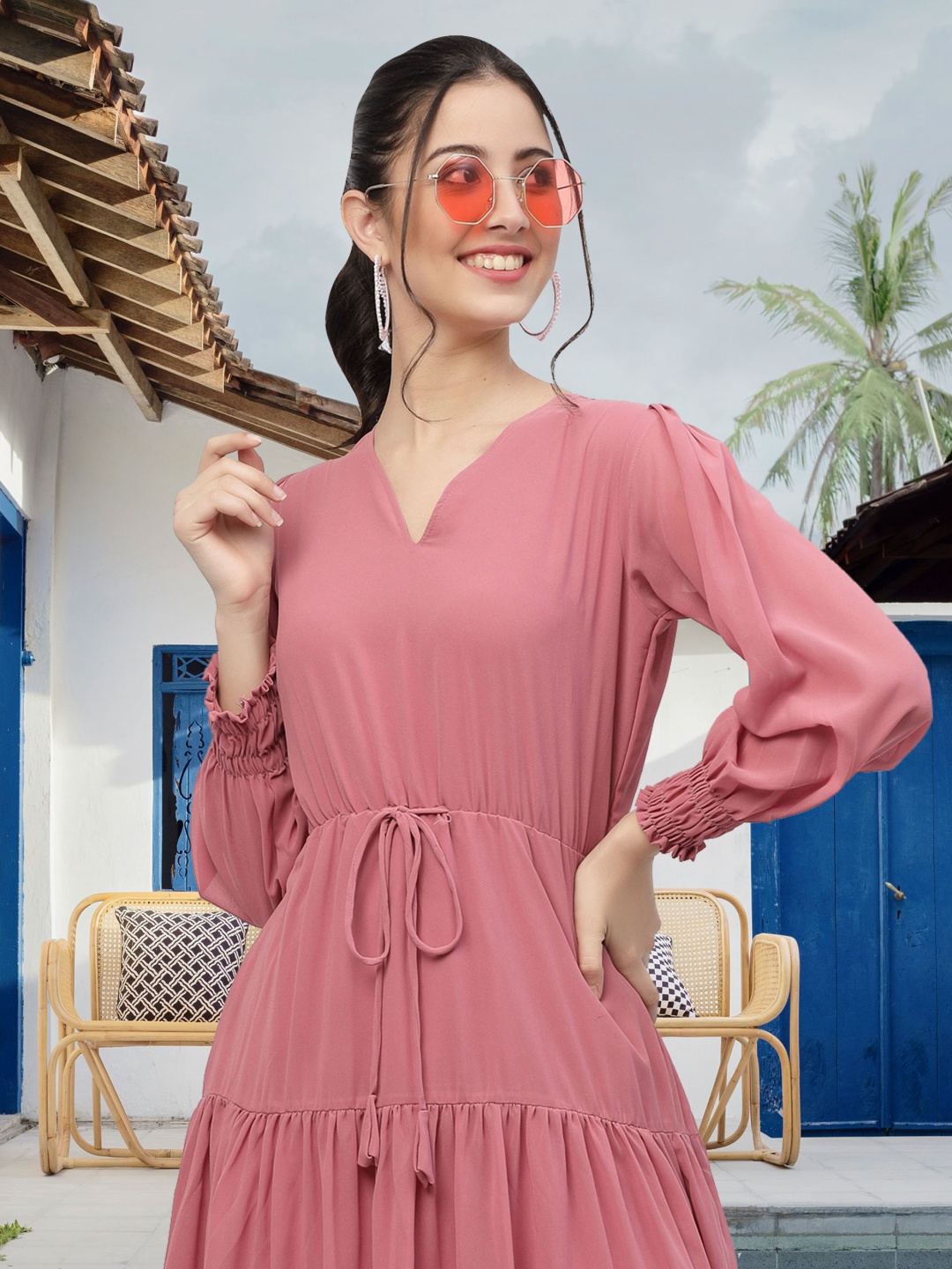 

MISS AYSE Puff Sleeve Applique Georgette A-Line Midi Dress, Pink