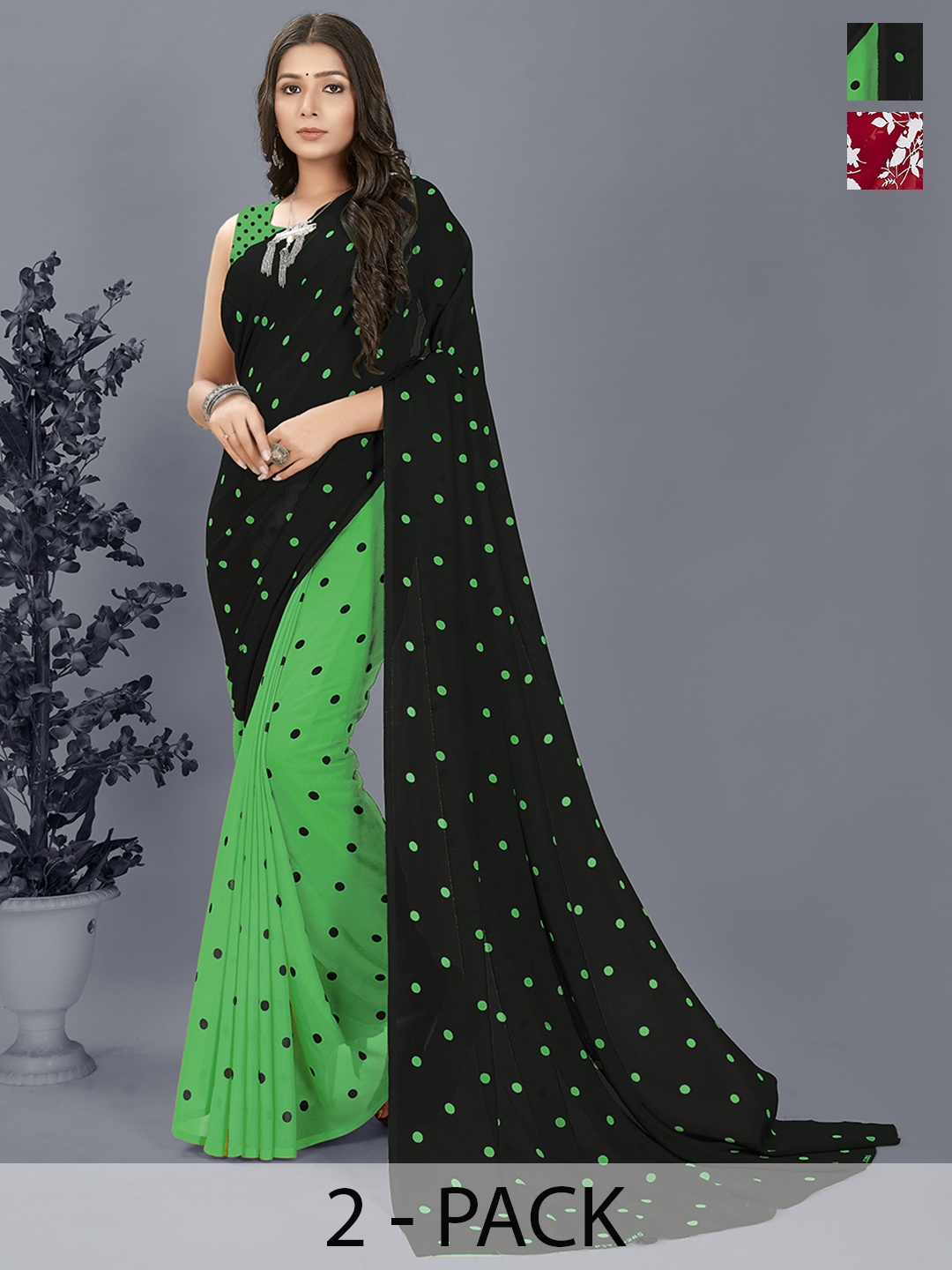 

ANAND SAREES Selection of 2 Floral Printed Saree, Green