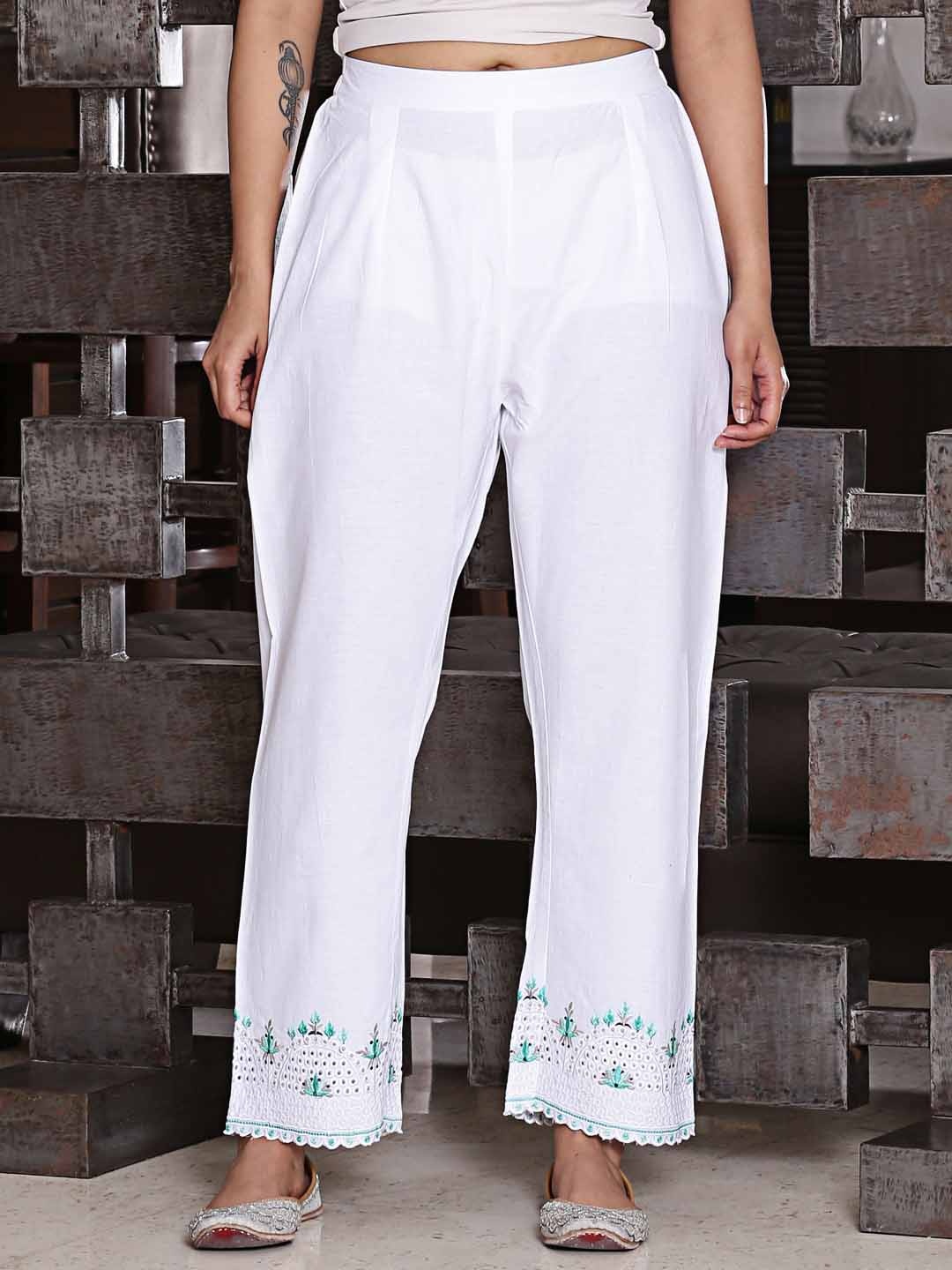 

Spring Soul Cotton Embroidered Palazzos, White