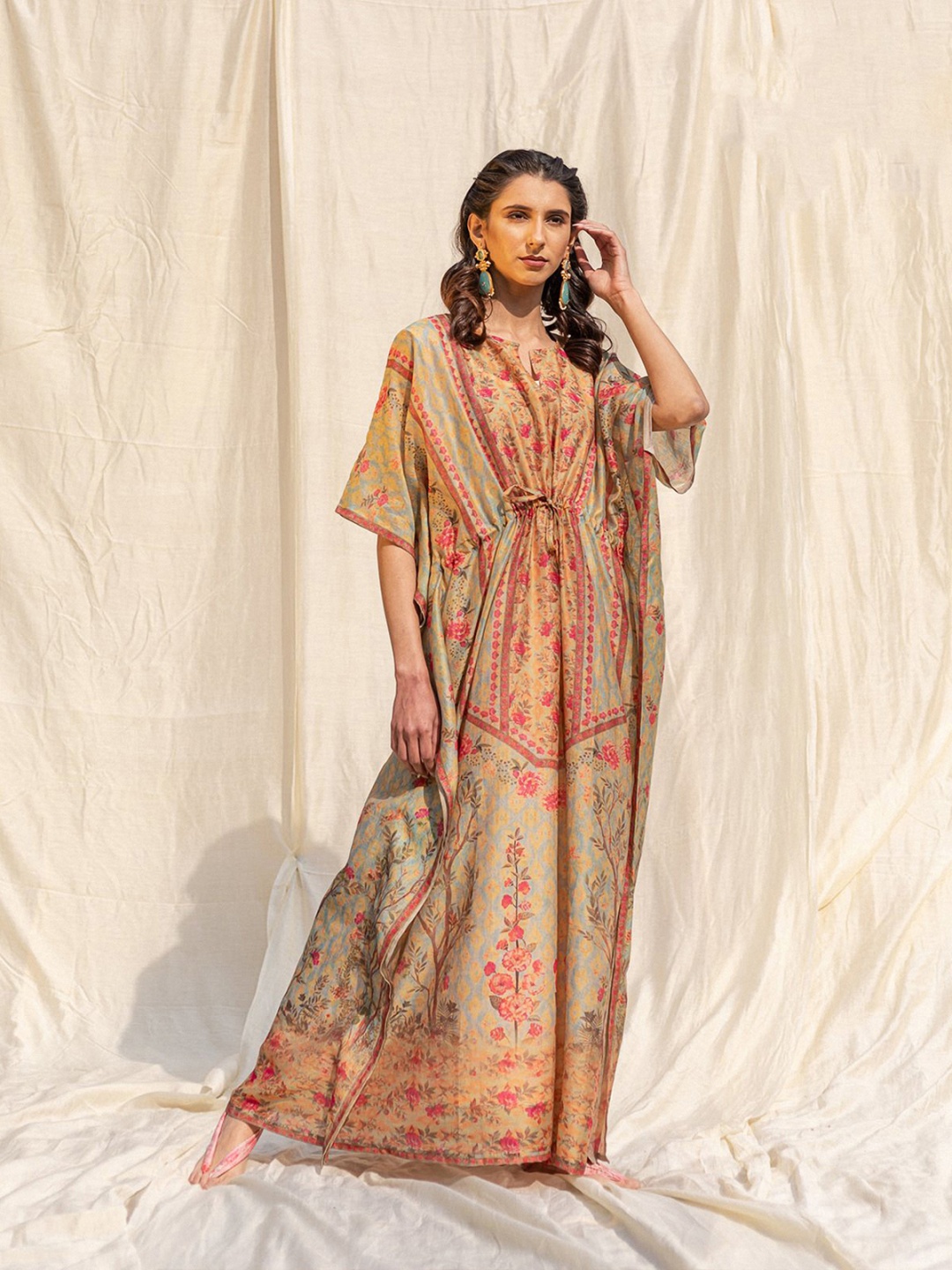 

ODETTE Notch Neck Ethnic Motifs Kimono Sleeves Kaftan Dress, Beige