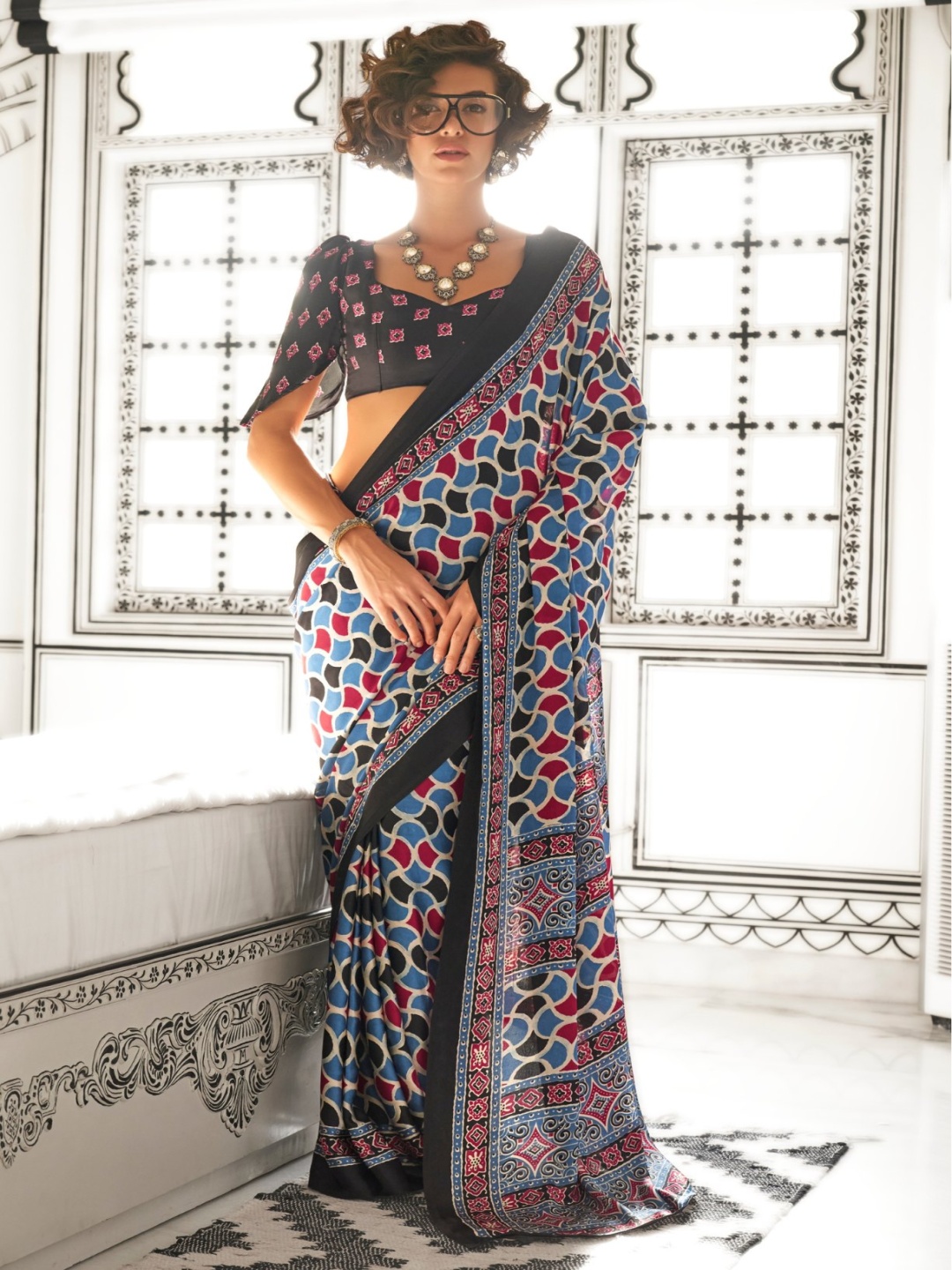 

MySilkLove Ajrak Block Satin Saree, Blue