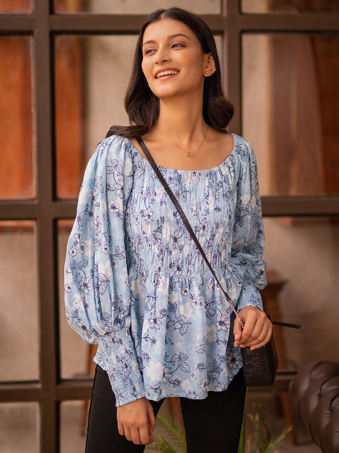 

B'Infinite Floral Print Puff Sleeve Top, Blue