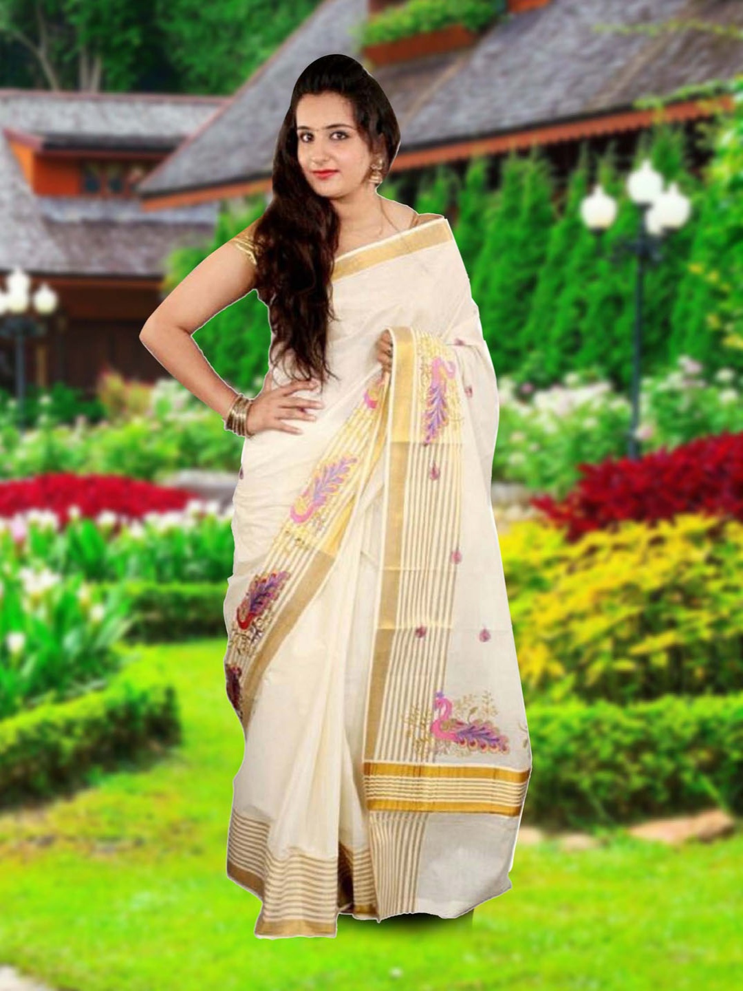 

Rst R Selvamani Tex Zari Ethnic Motifs Pure Cotton Kasavu Saree, Off white