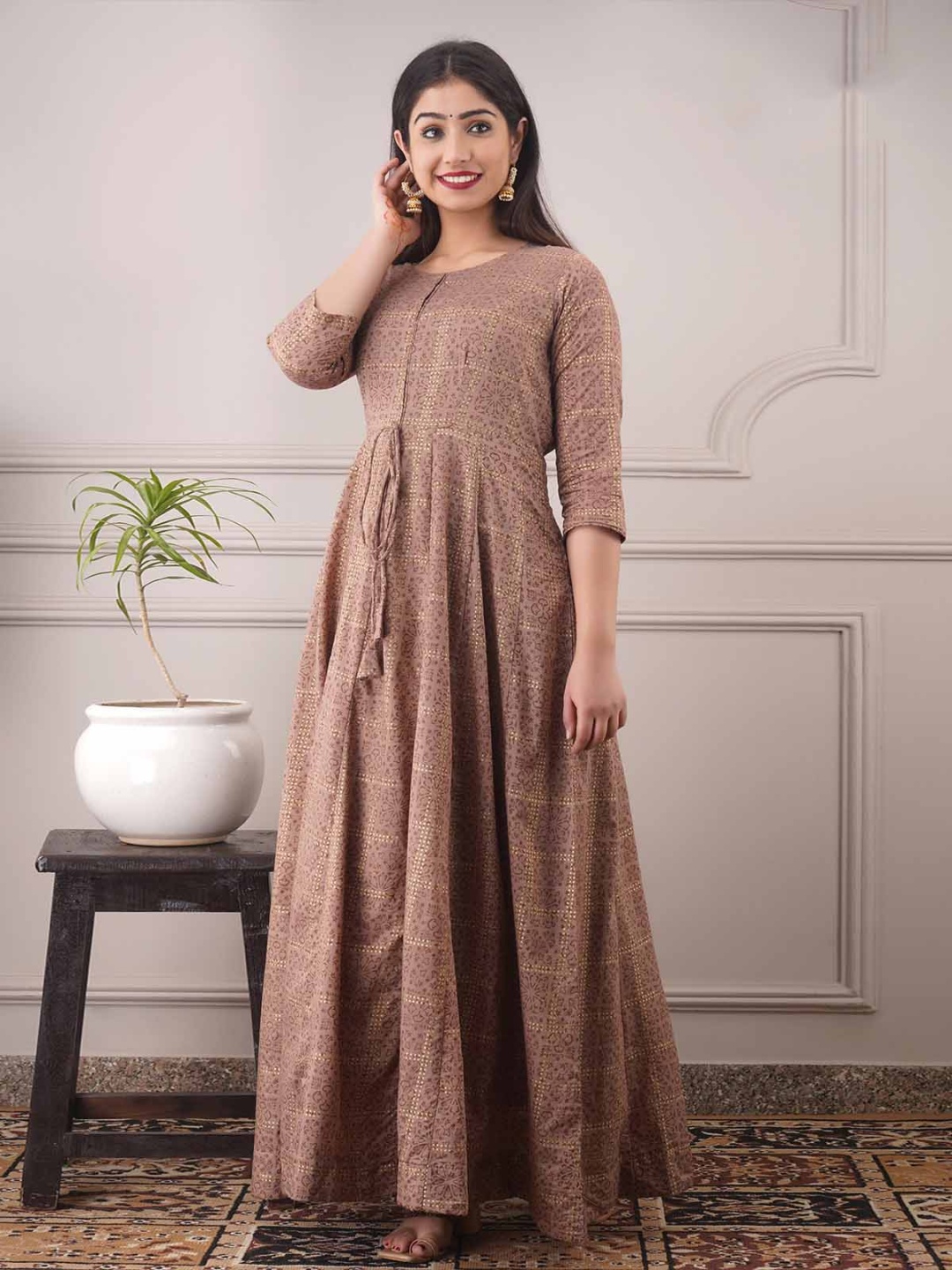 

ODETTE Women Sequinned Chanderi Silk Anarkali Kurta, Brown