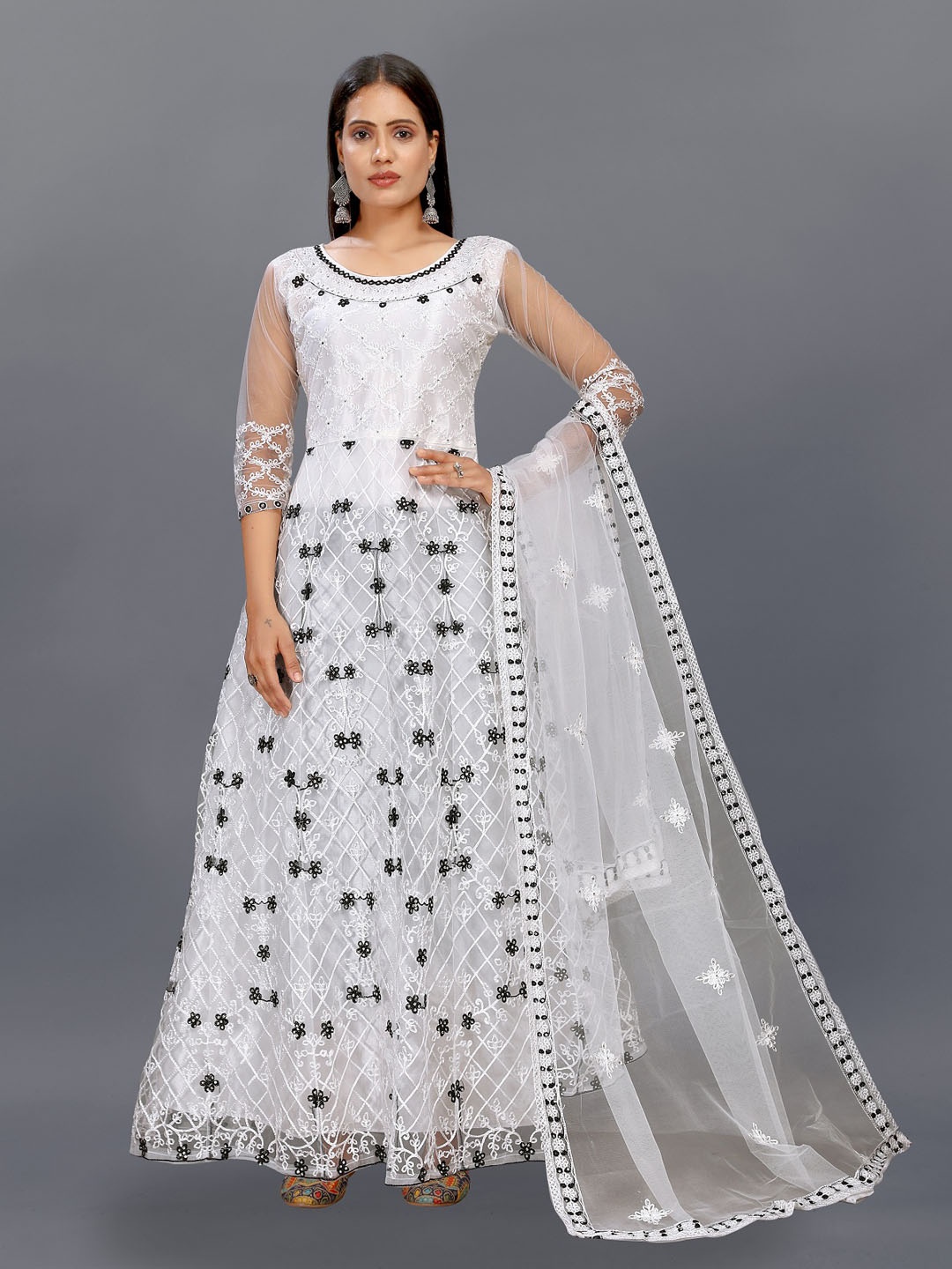 

JULEE Embroidered Net Ethnic Maxi Dress With Dupatta, White