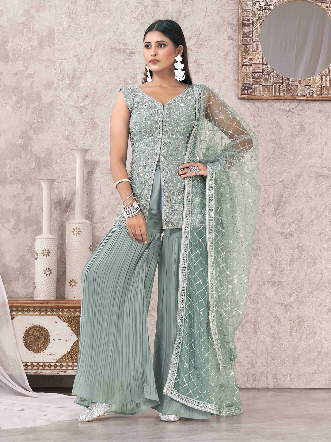 

flaher Ethnic Motifs Sequin Embroidered Regular Kurti With Sharara & Dupatta, Turquoise blue