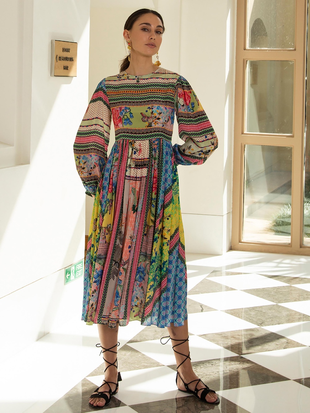 

Bhanuni Women Print Puff Sleeves A-Line Maxi Dress, Multi