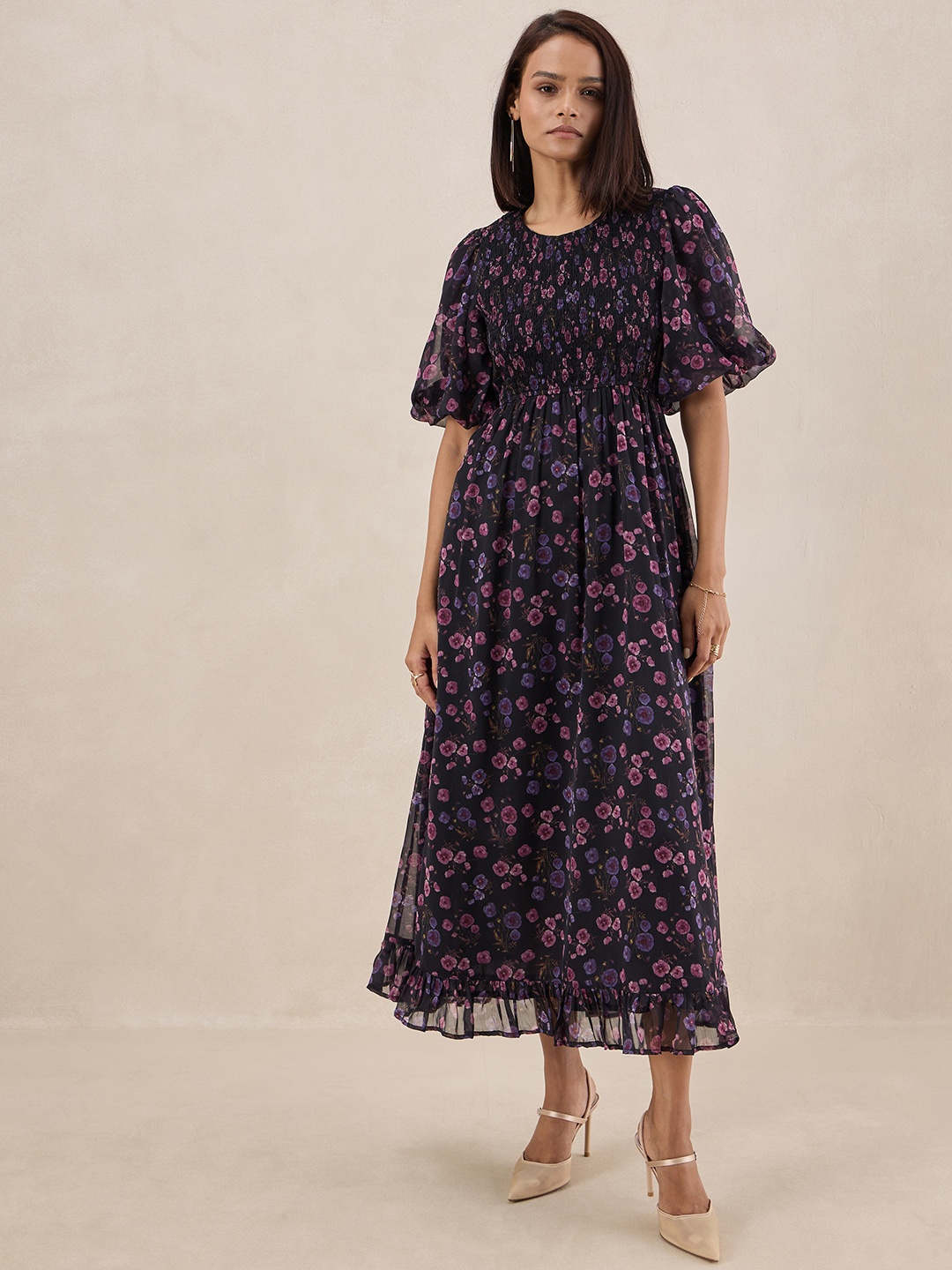 

FEMMELLA Floral Printed Smocked Puff Sleeves Fit & Flare Midi Dress, Black