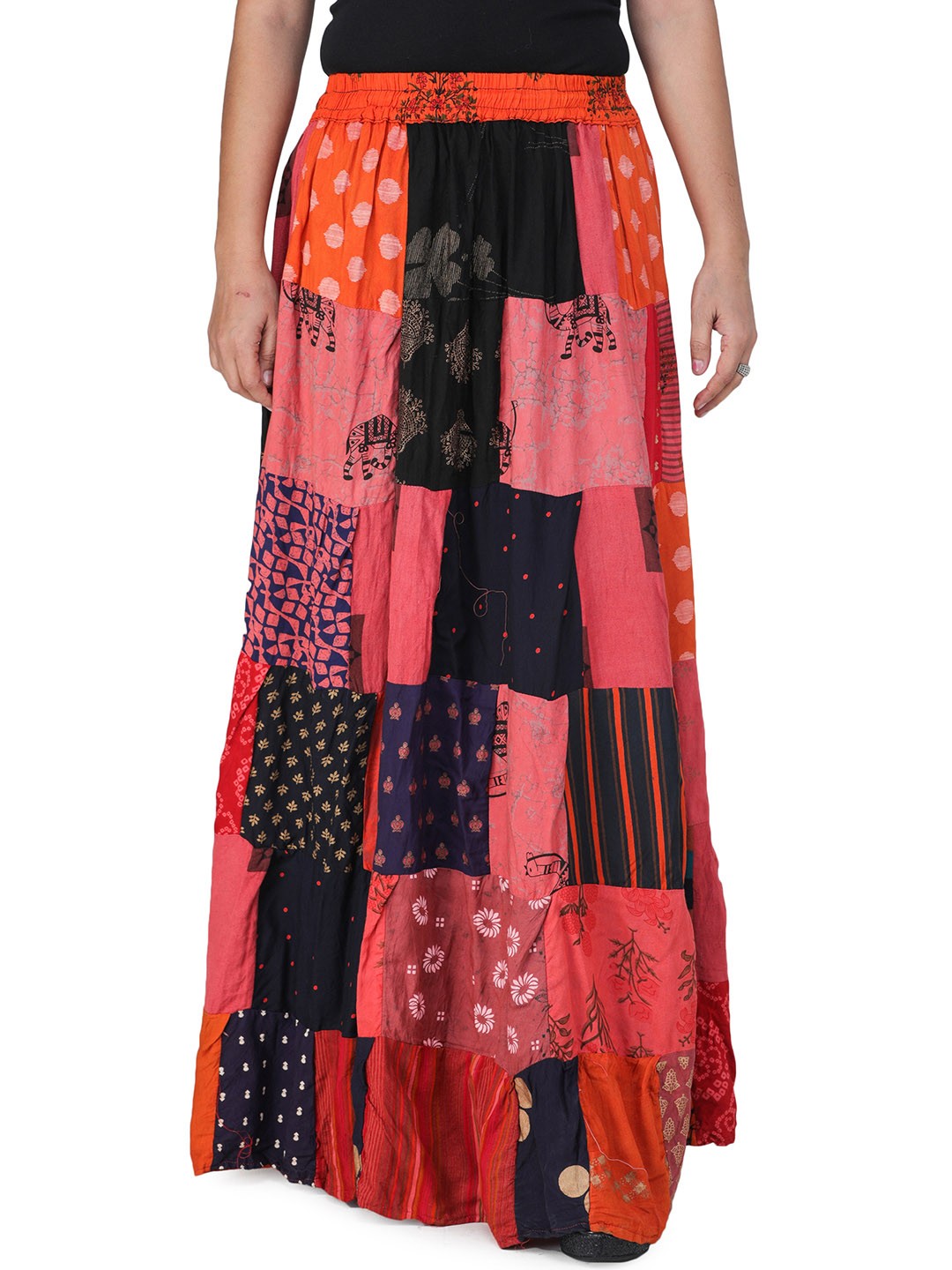 

Exotic India Printed Pure Cotton Flared Maxi Skirt, Coral