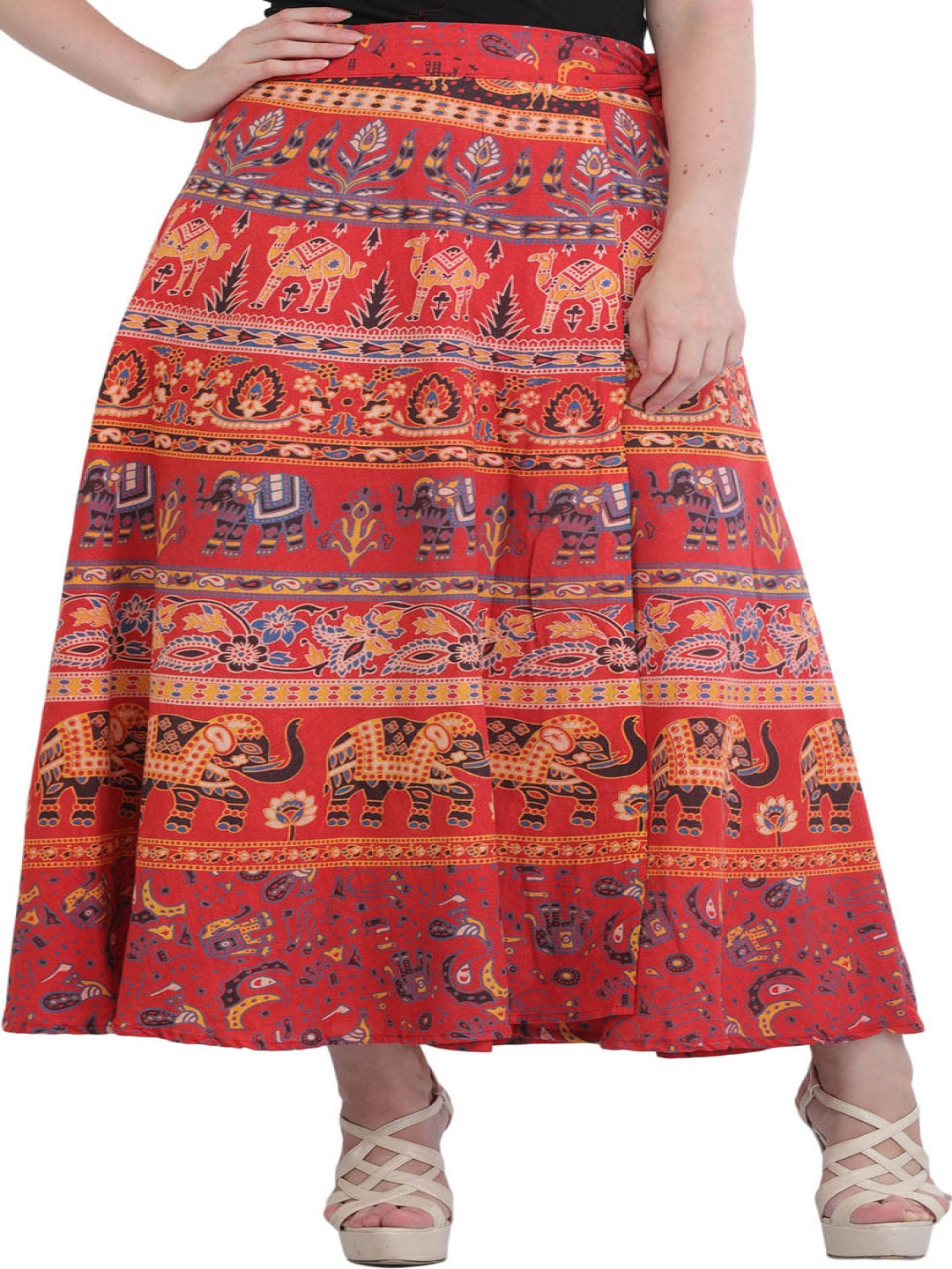 

Exotic India Printed Pure Cotton Maxi Wrap Skirts, Red