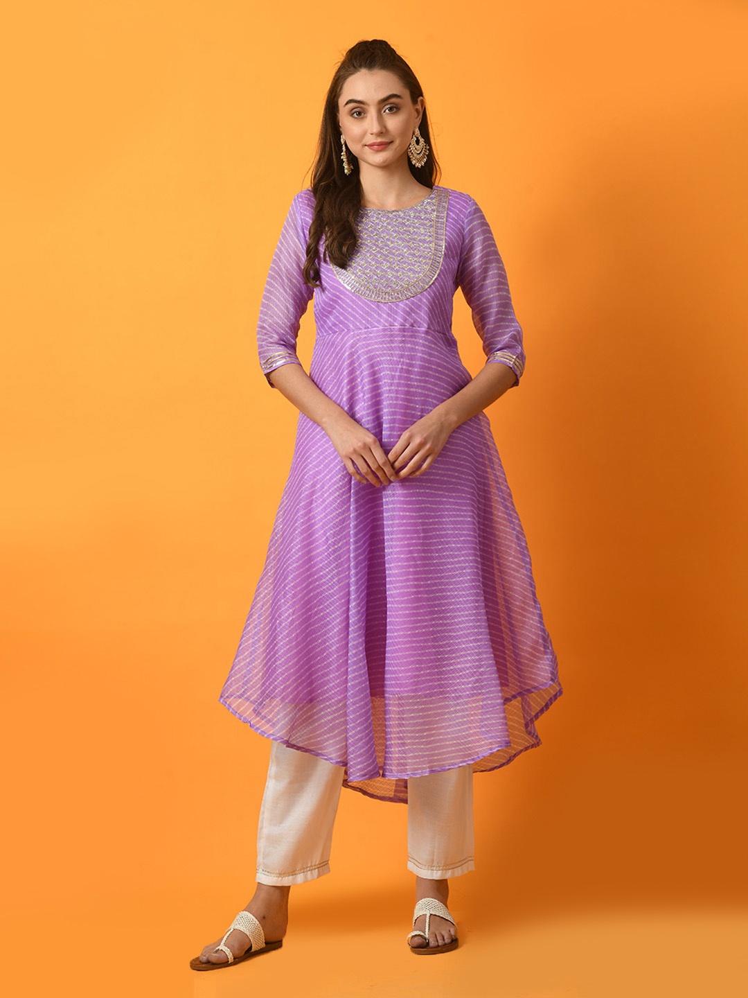 

Myshka Leheriya Printed Round Neck Sequinned Cotton A-Line Kurta, Purple