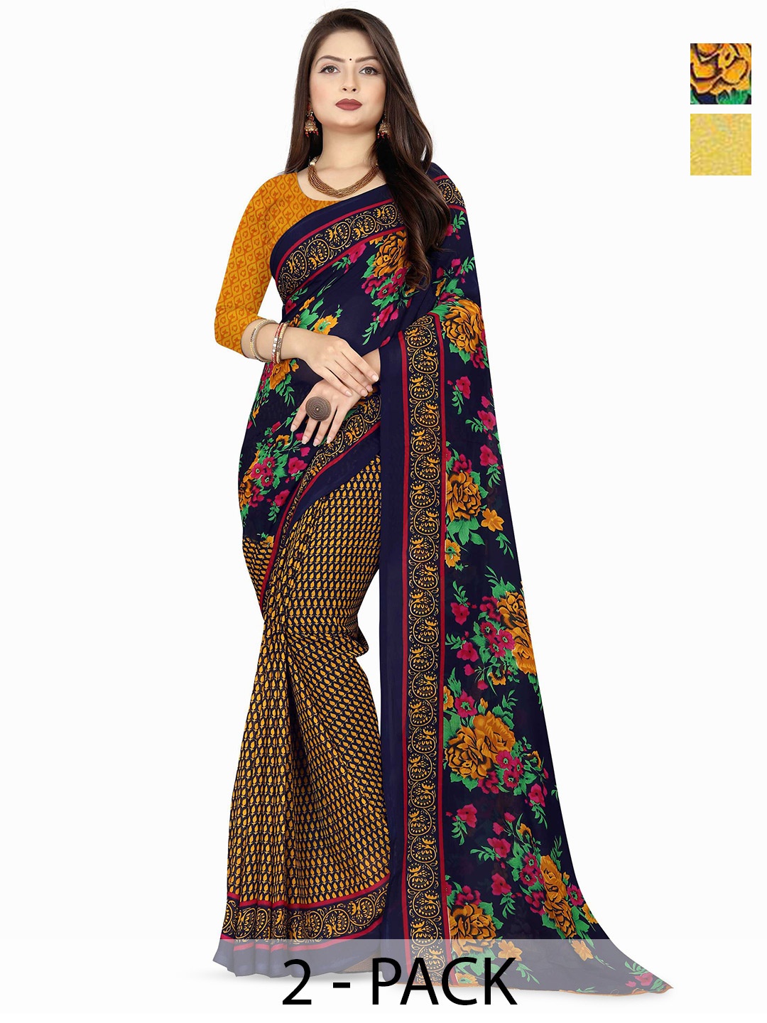 

ANAND SAREES Pack of-2 Floral Printed Saree, Yellow