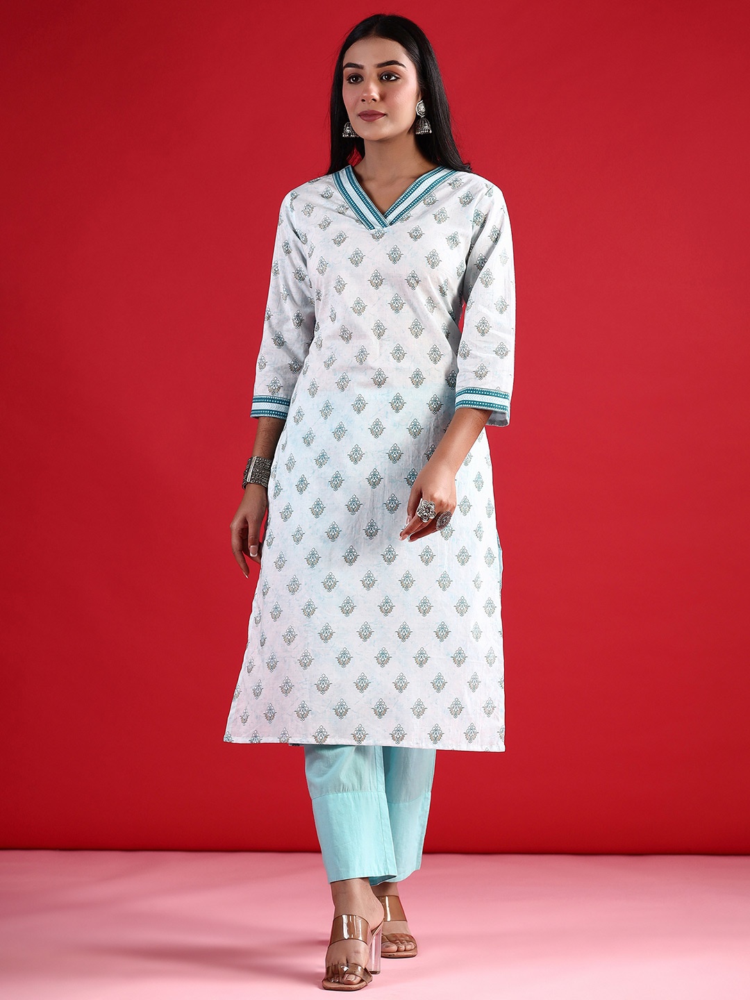 

Indo Era Women Floral Printed Flared Sleeves Kurta, White