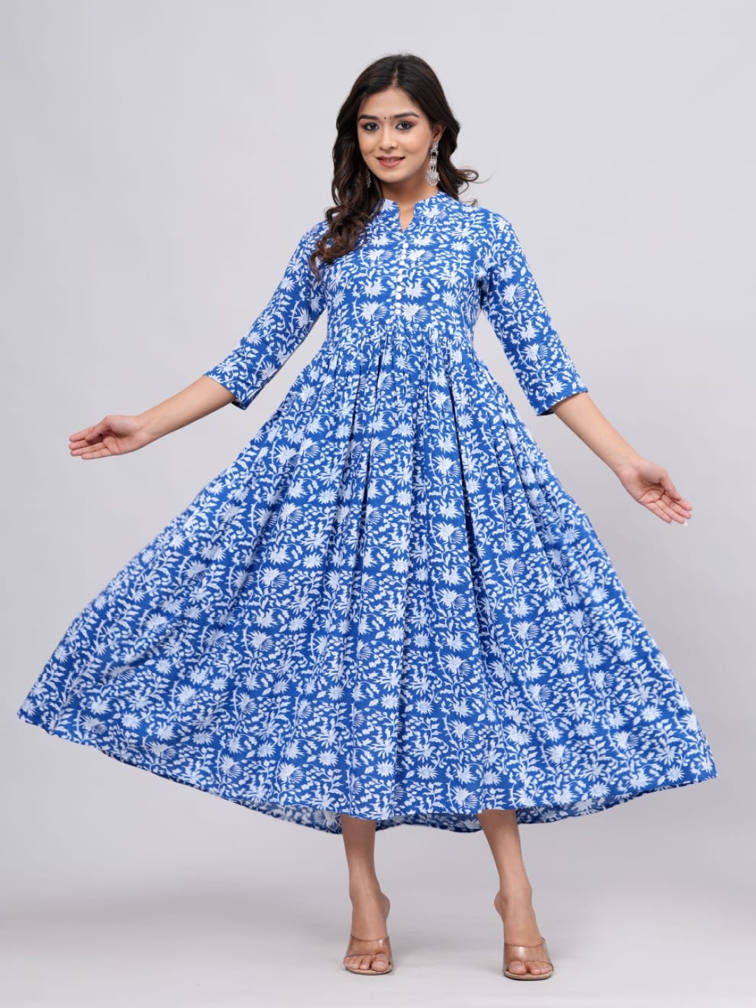 

Sanganeri Kurti Ethnic Motifs Printed Flared A-Line Midi Dress, Blue
