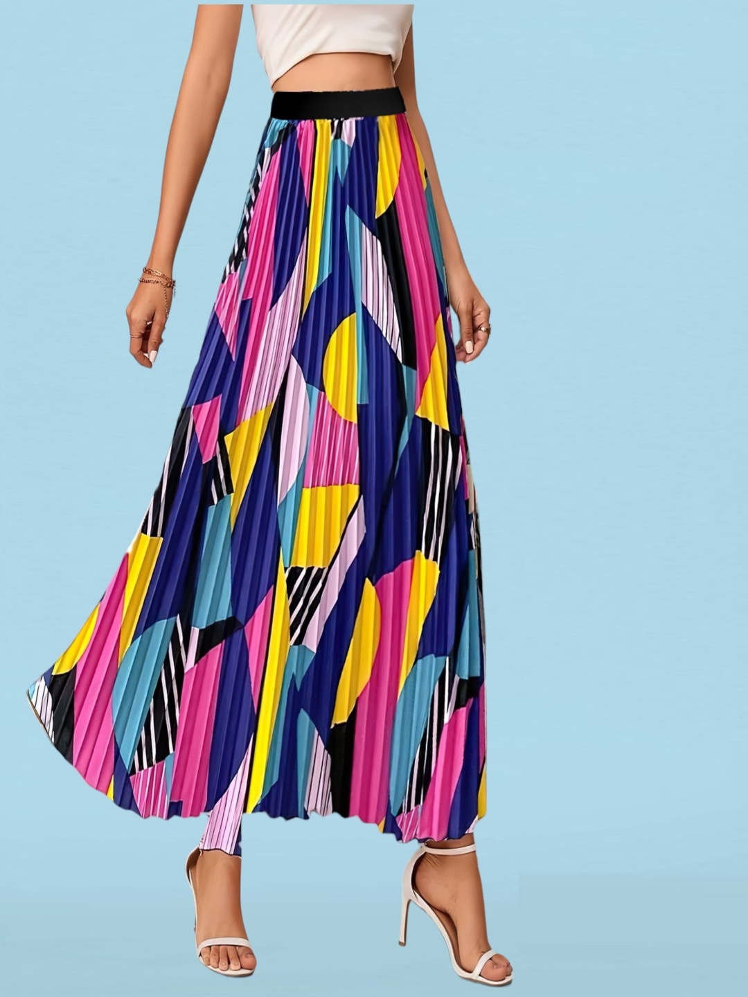 

Femvy Printed Pleated Maxi A-Line Skirt, Blue