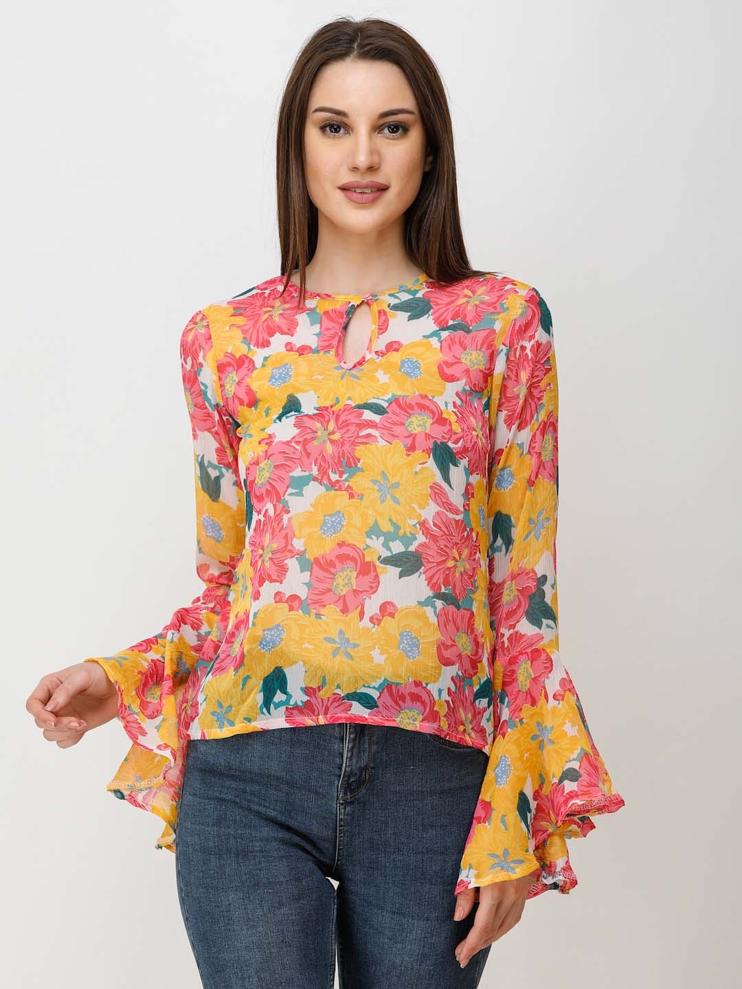 

BAESD Floral Printed Keyhole Neck Bell Sleeve Chiffon Top, Yellow