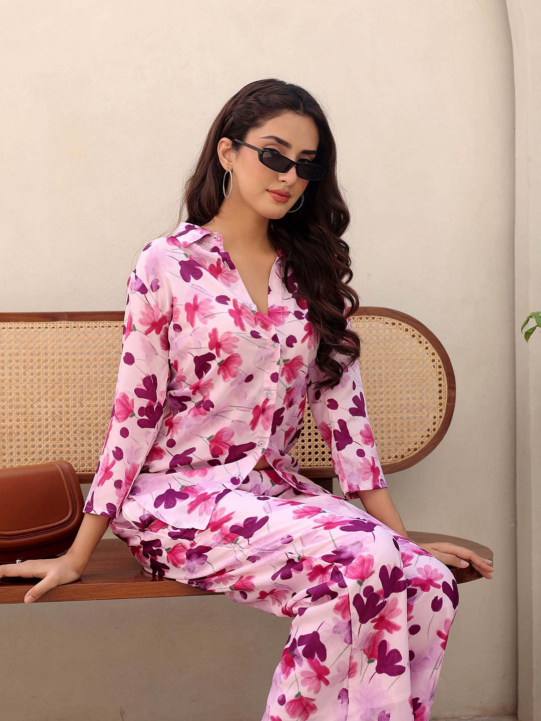 

RANGREAL Floral Printed Shirt With Trouser Co-Ords, Pink