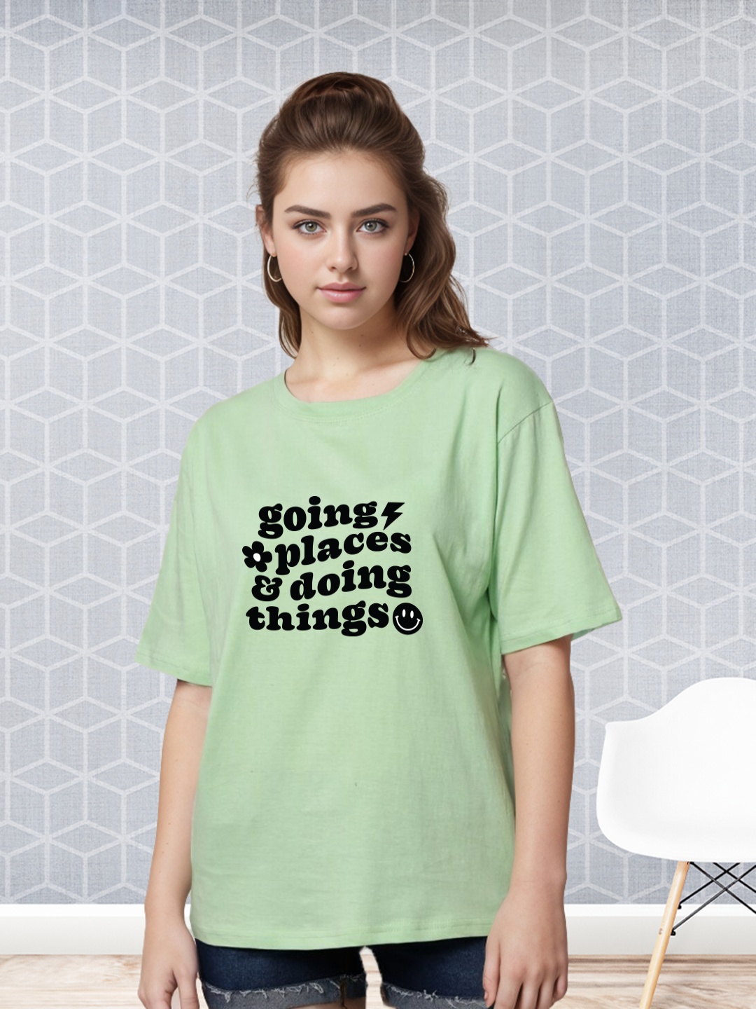 

Slenor Typography Printed Drop-Shoulder Oversized T Shirt, Lime green