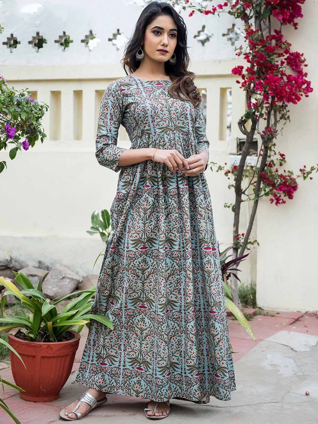 

ODETTE Women Floral Printed Keyhole Neck Flared Sleeves Anarkali Kurta, Teal
