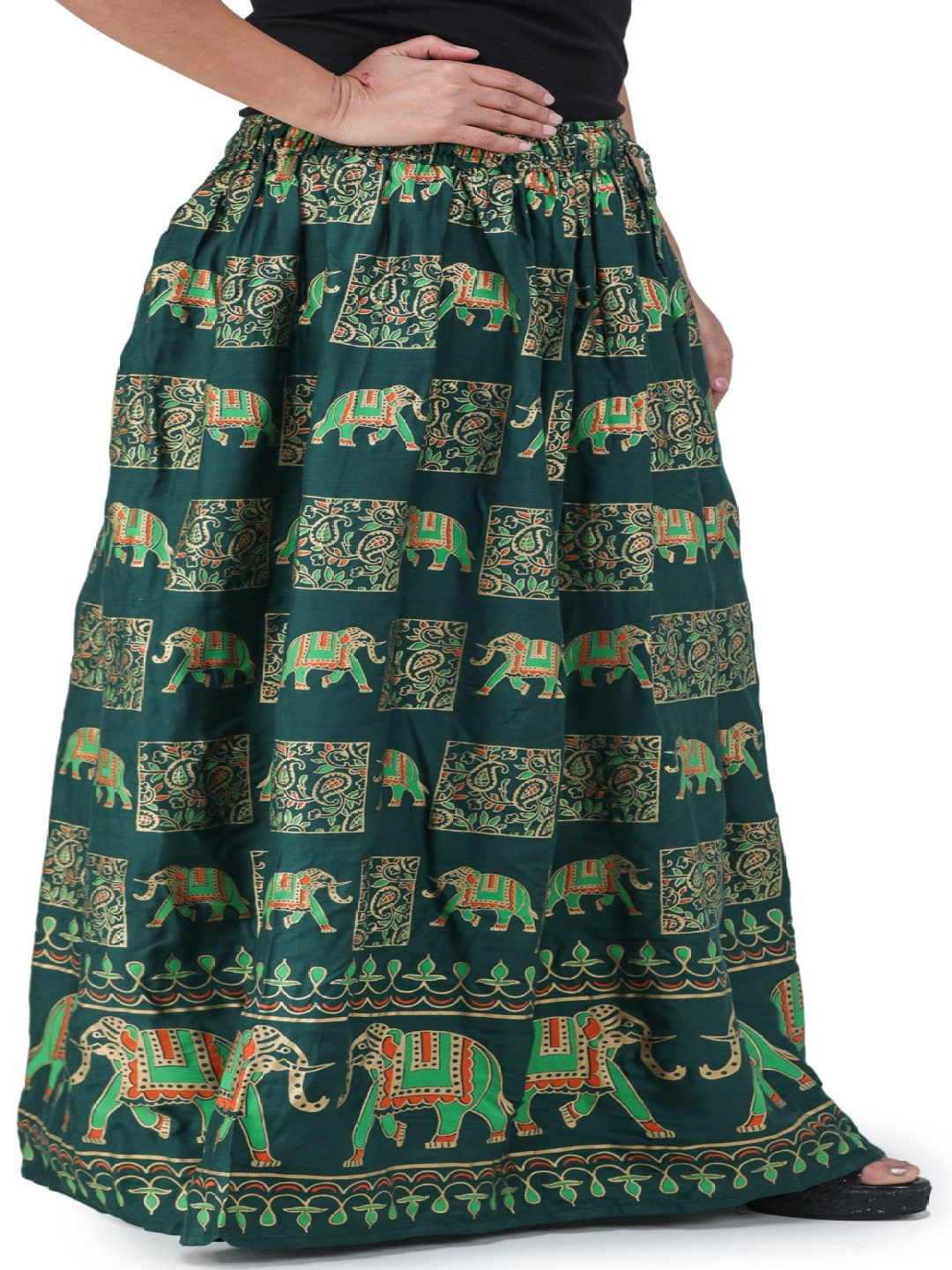 

Exotic India Printed Pure Cotton A-line Maxi Skirts, Green