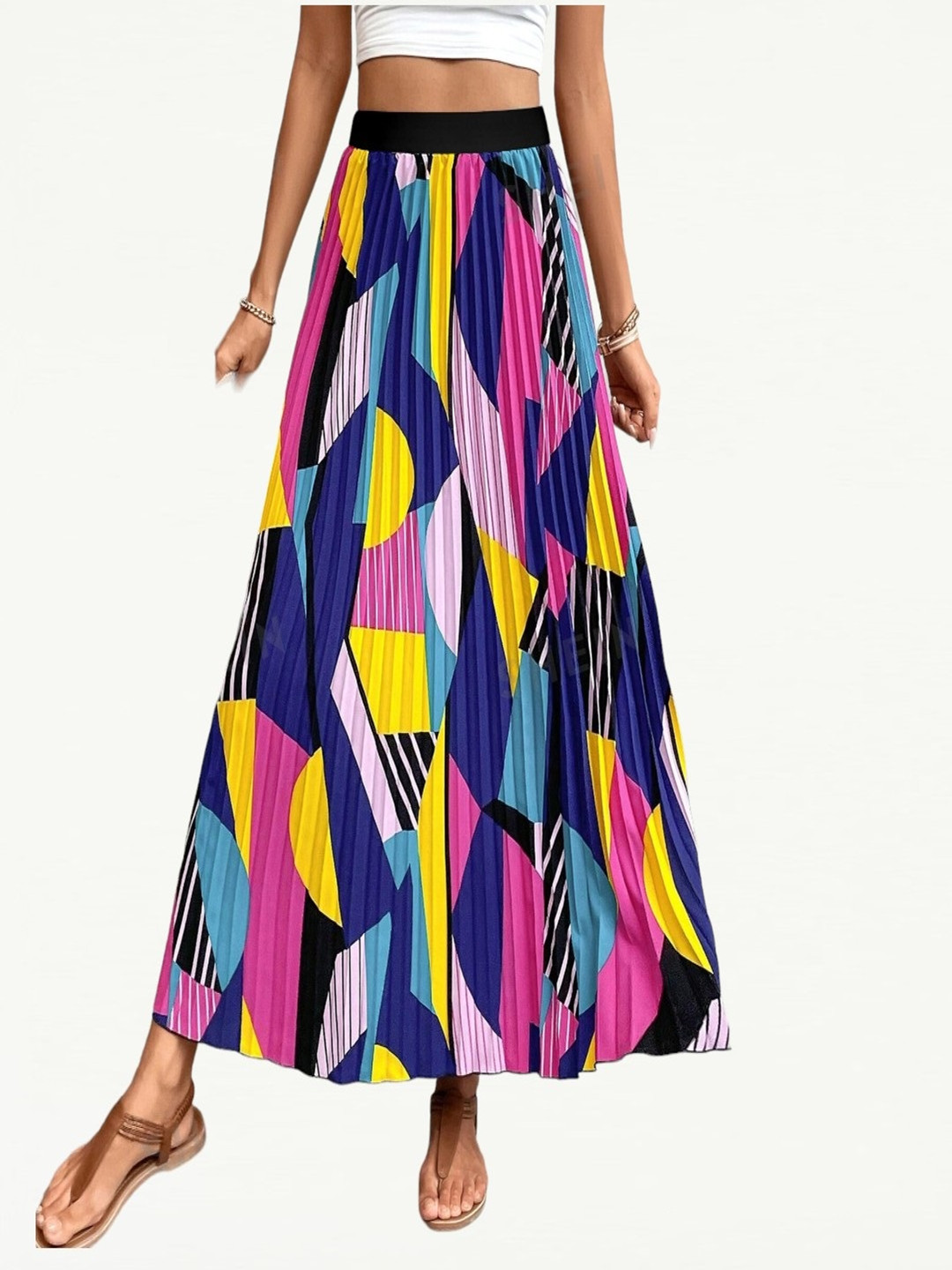

Femvy Abstract Printed Pleated Maxi A-Line Skirt, Pink