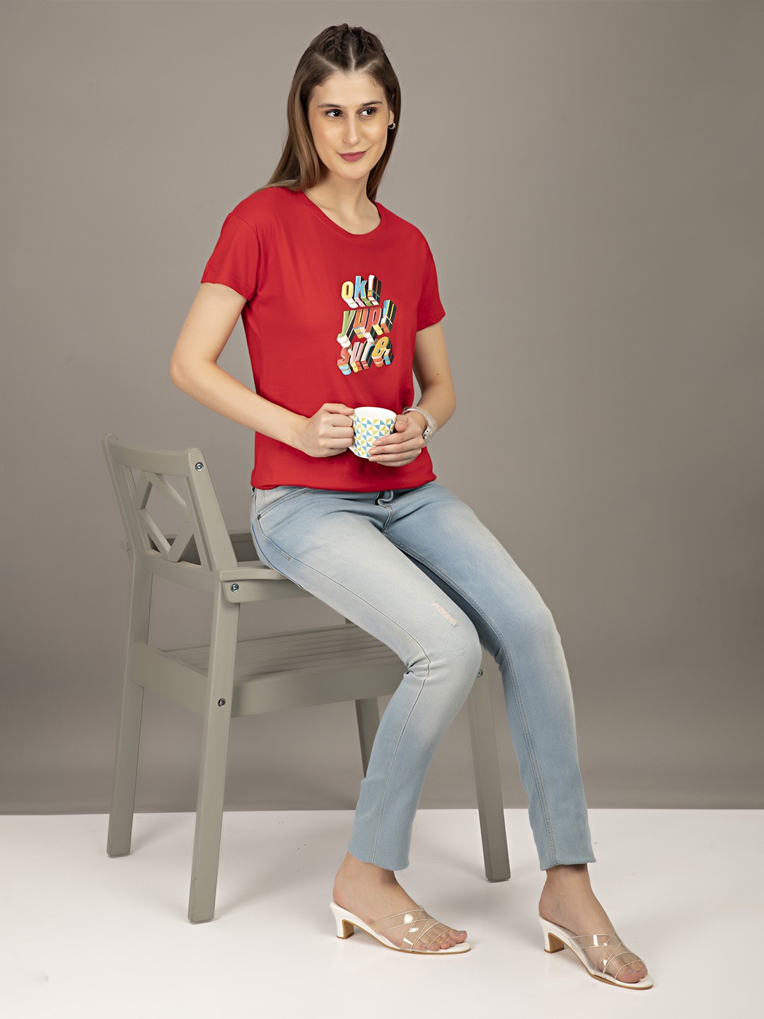 

STHULAS Typography Printed Round NecK Pure Cotton T-Shirt, Red