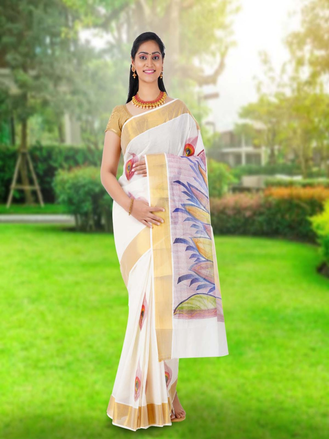 

Rst R Selvamani Tex Floral Zari Pure Cotton Kasavu Saree, Off white