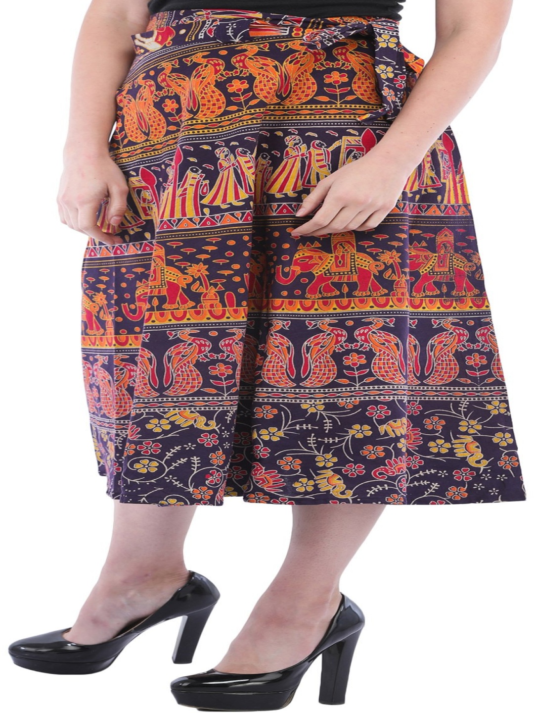 

Exotic India Printed Pure Cotton Midi Wrap Skirts, Purple