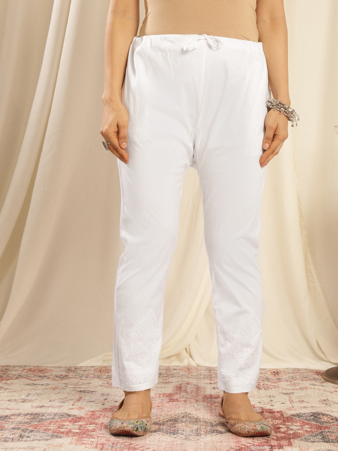 

Tahiliya Embroidered Straight-Fit Cotton Regular Trousers, White