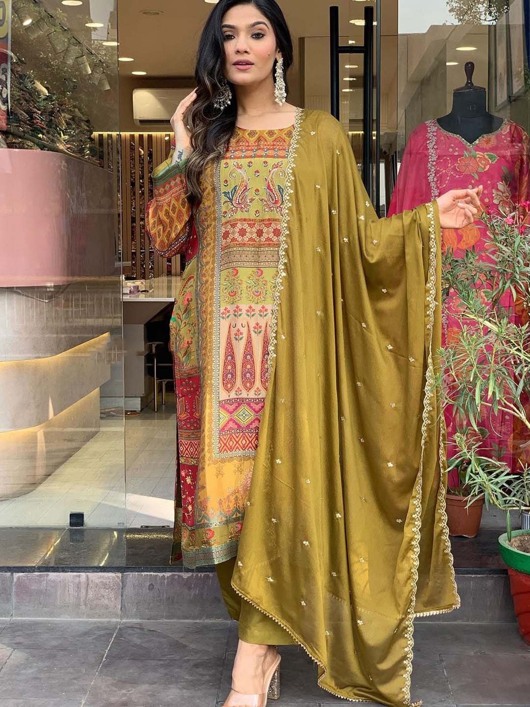 

KALINI Ethnic Motifs Printed Regular Straight Kurta With Trousers & Dupatta, Green