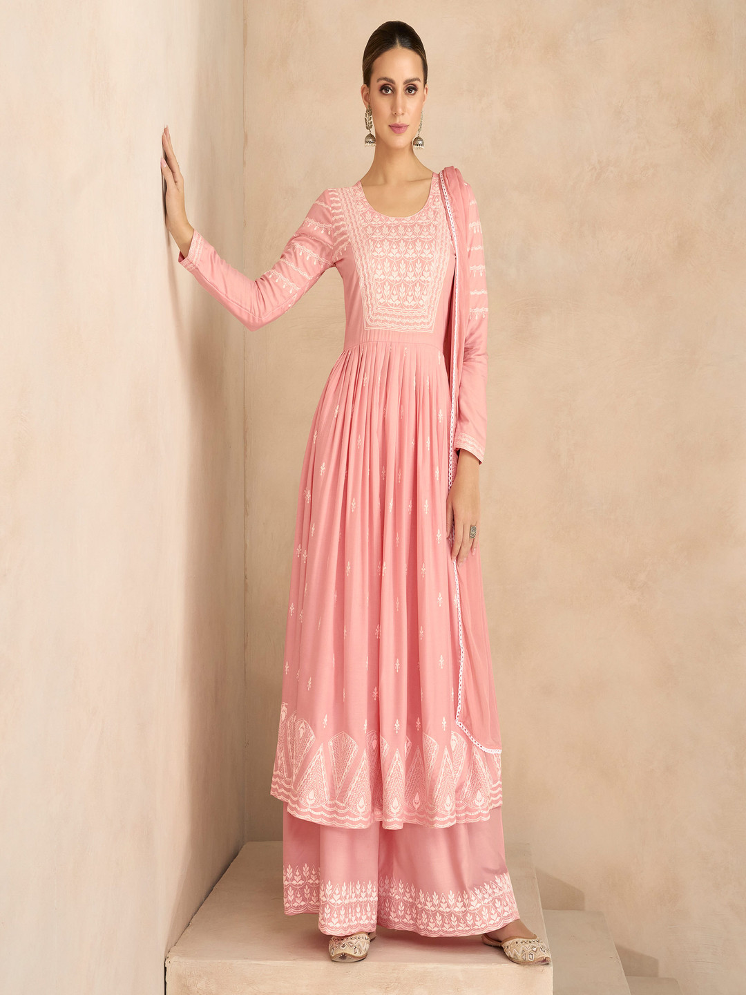 

Peachmode Floral Embroidered A-Line Thread Work Kurta with Palazzos & Dupatta, Pink