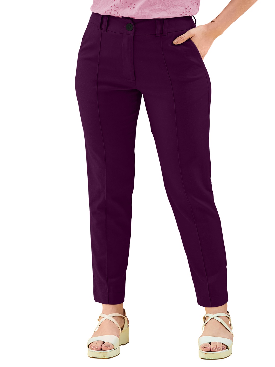 

BAESD Women Relaxed Straight Leg Easy Wash Mid-Rise Formal Trousers, Burgundy