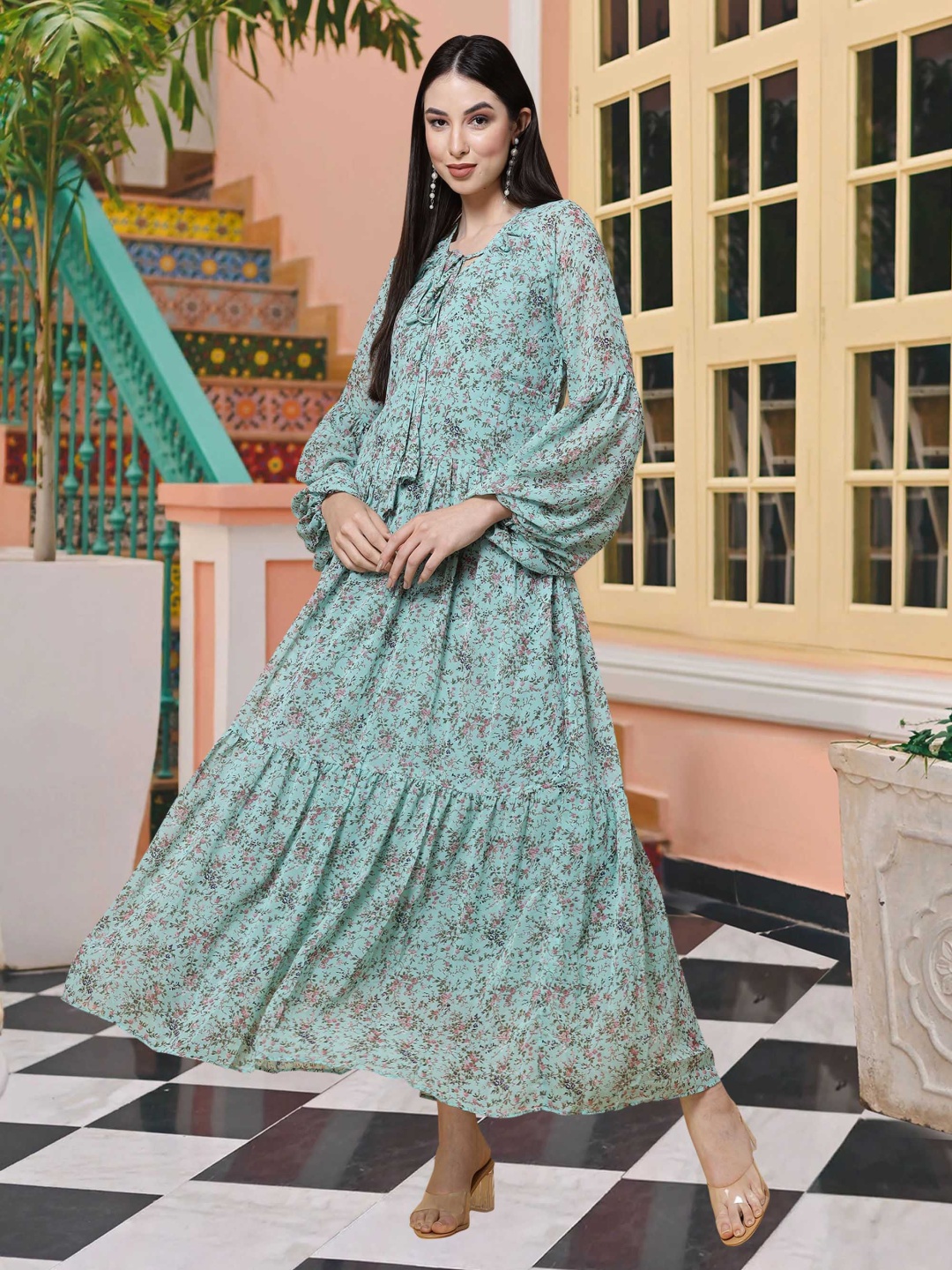 

MISS AYSE Women Floral Print Flared Tie Up Neck Maxi Dress, Green