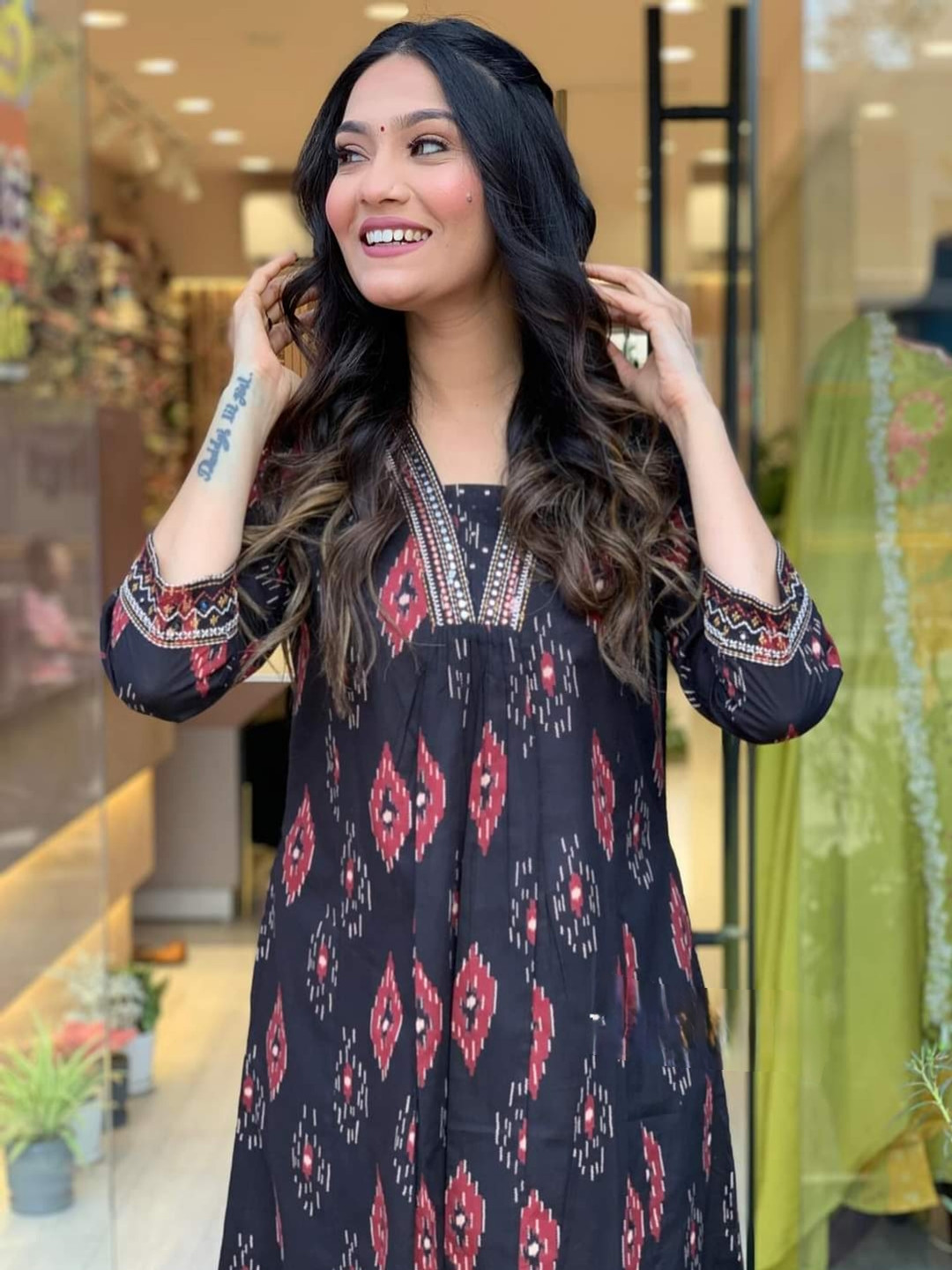 

S.K.C Geometric Printed Regular Kurta with Palazzos & With Dupatta, Black
