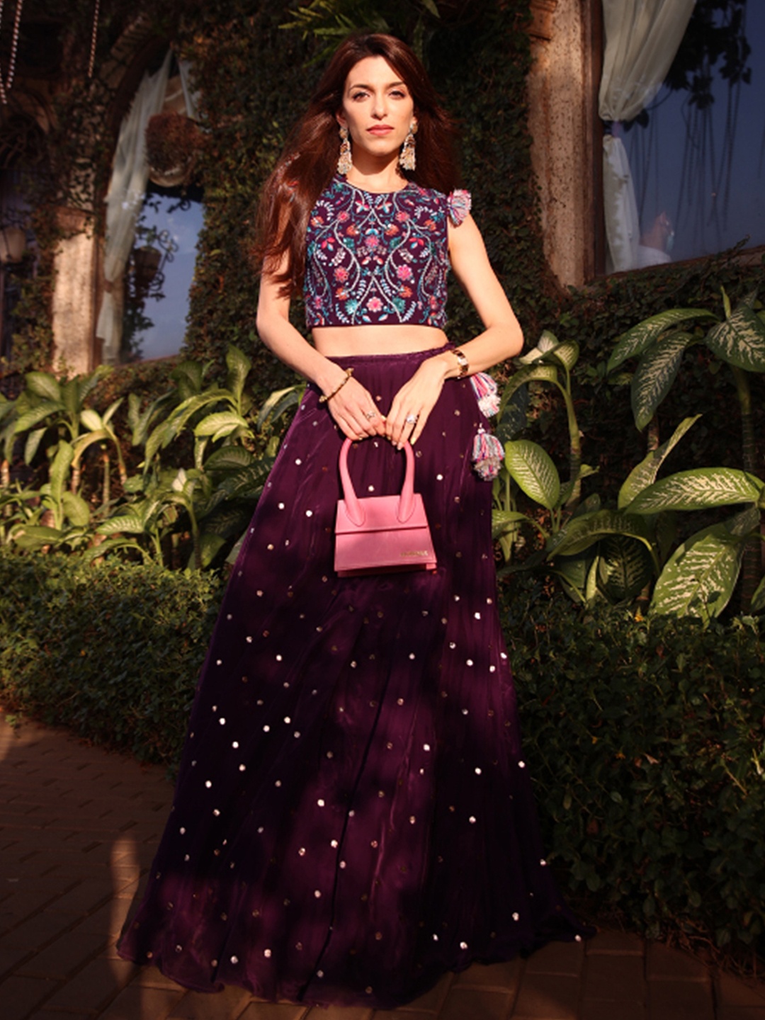 

Payal Singhal Embroidered Sleeveless Silk Ready to Wear Lehenga & Blouse, Purple