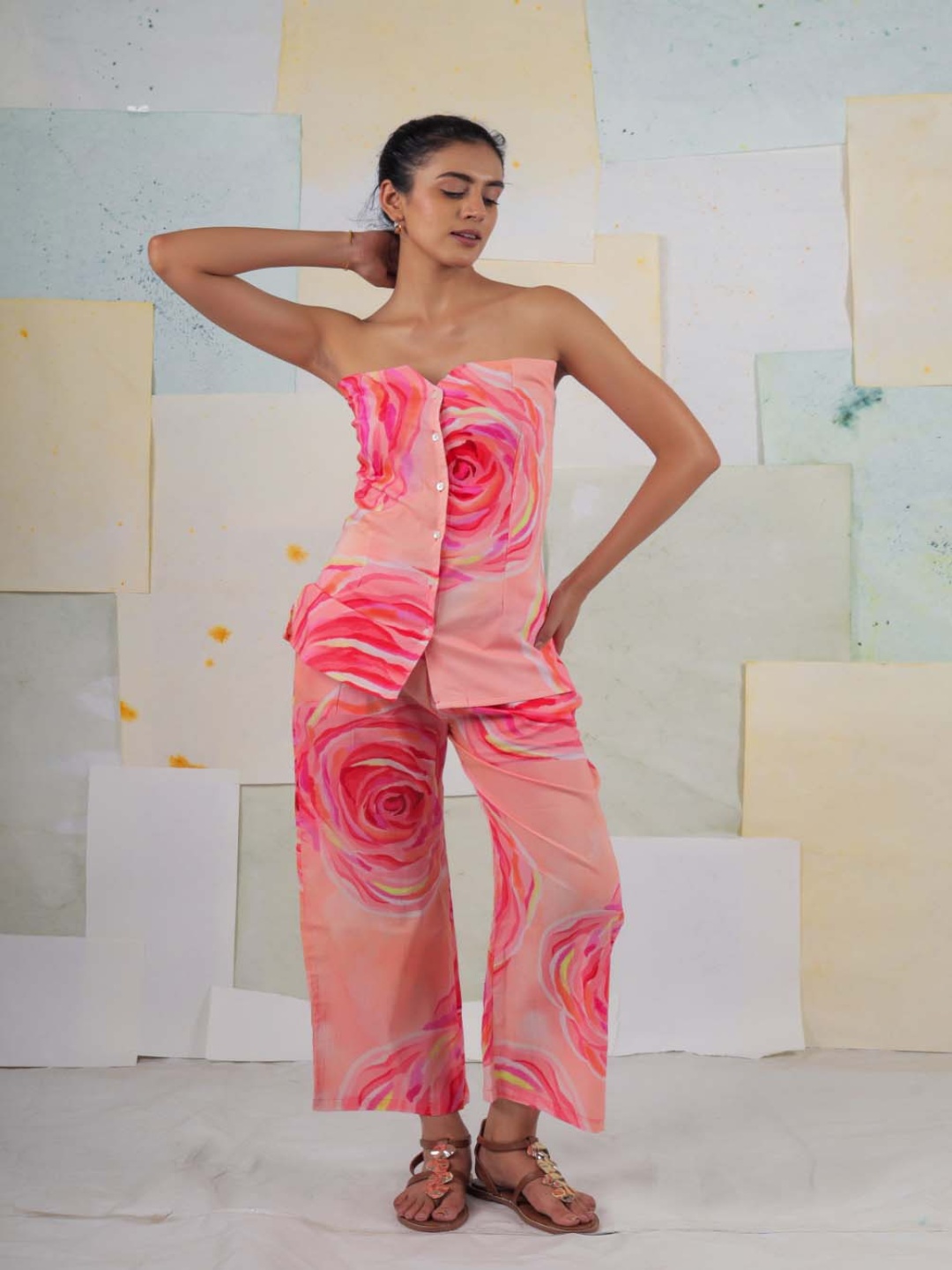 

BUTA BUTI Floral Printed Strapless Pure Cotton Top & Trouser, Peach