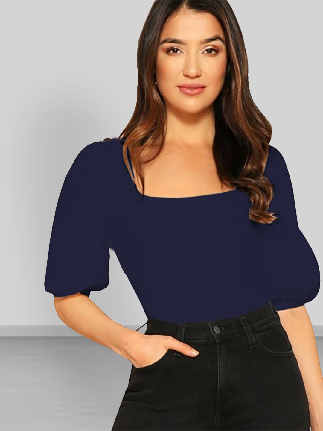 

Dream Beauty Fashion Square Neck Short Puff Sleeve Top, Navy blue