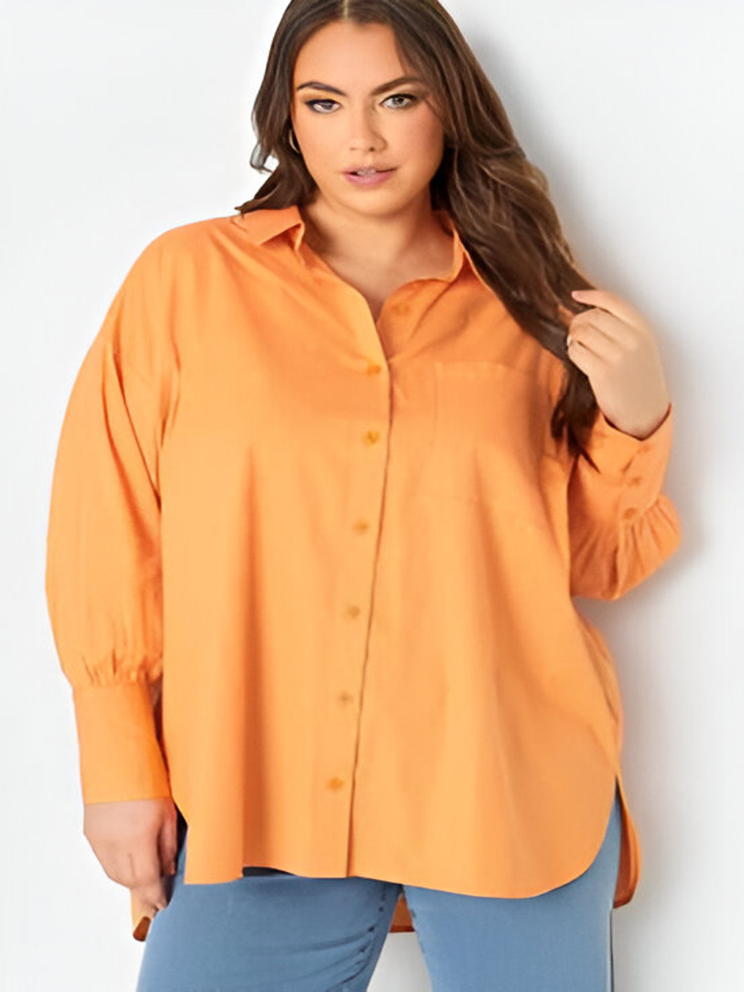 

Fab Star Classic Spread Collar Longline High Low Cotton Casual Oversized Shirt, Orange