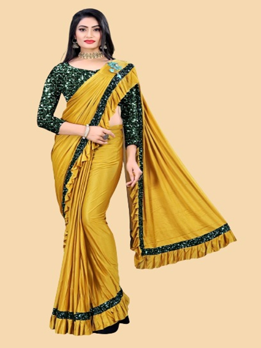 

LADY SHOPI Sequinned Ruffles Ready to Wear Saree, Yellow