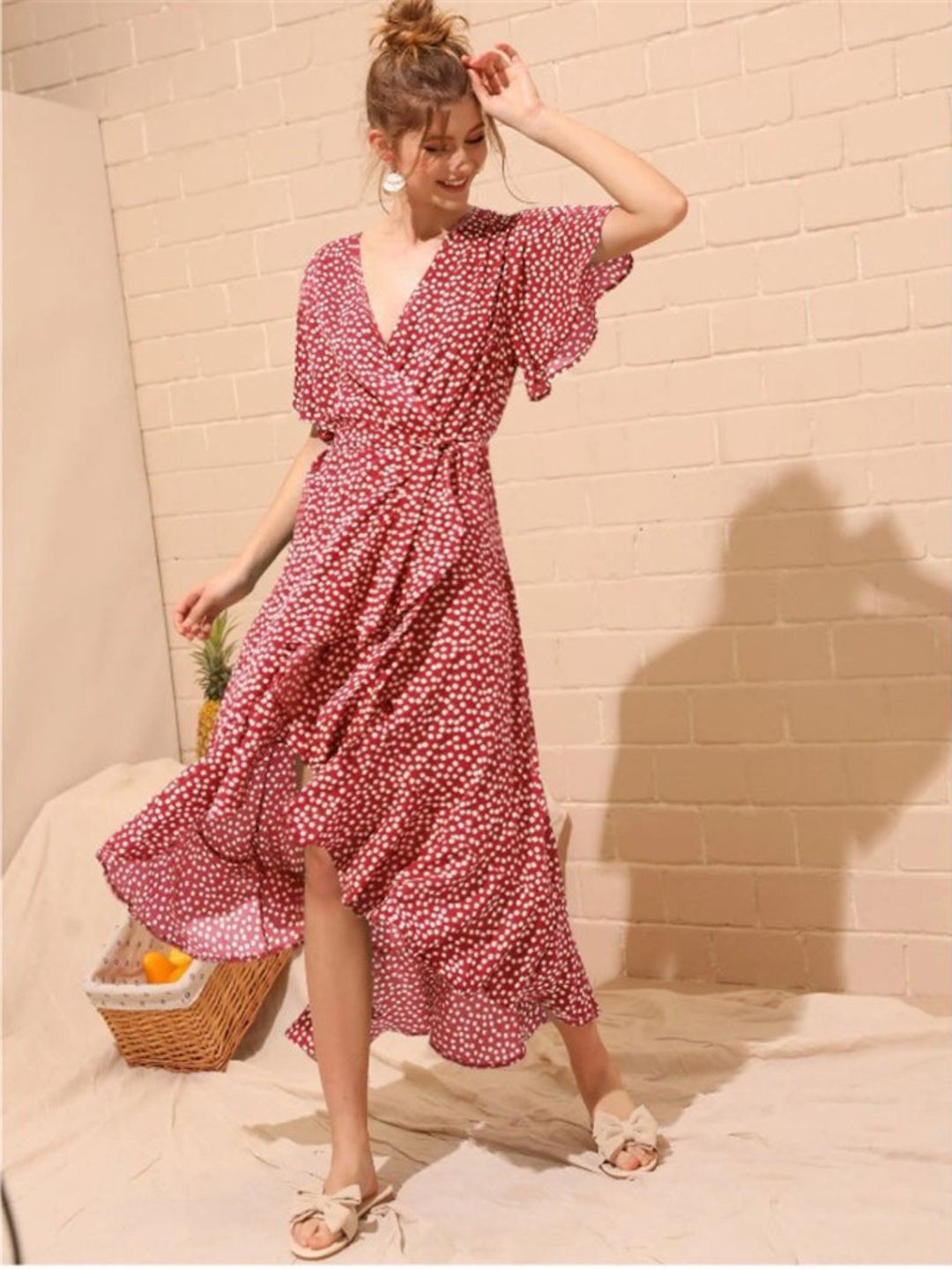 

DressBerry Print Flutter Sleeve Midi Dress, Red