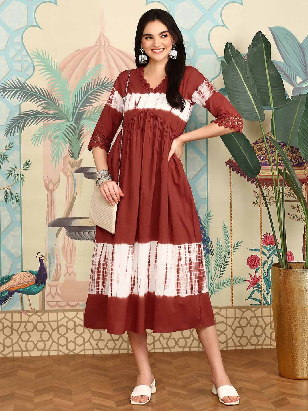 

Ishin Geometric Printed V-Neck Cotton Anarkali Kurta, Rust