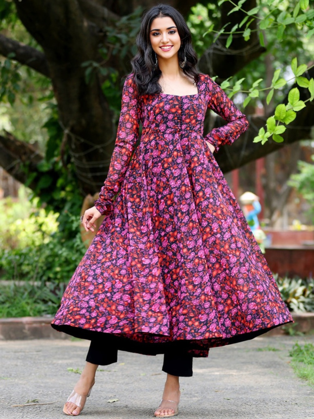 

BLACK SCISSOR Floral Printed Georgette Anarkali Kurta, Red
