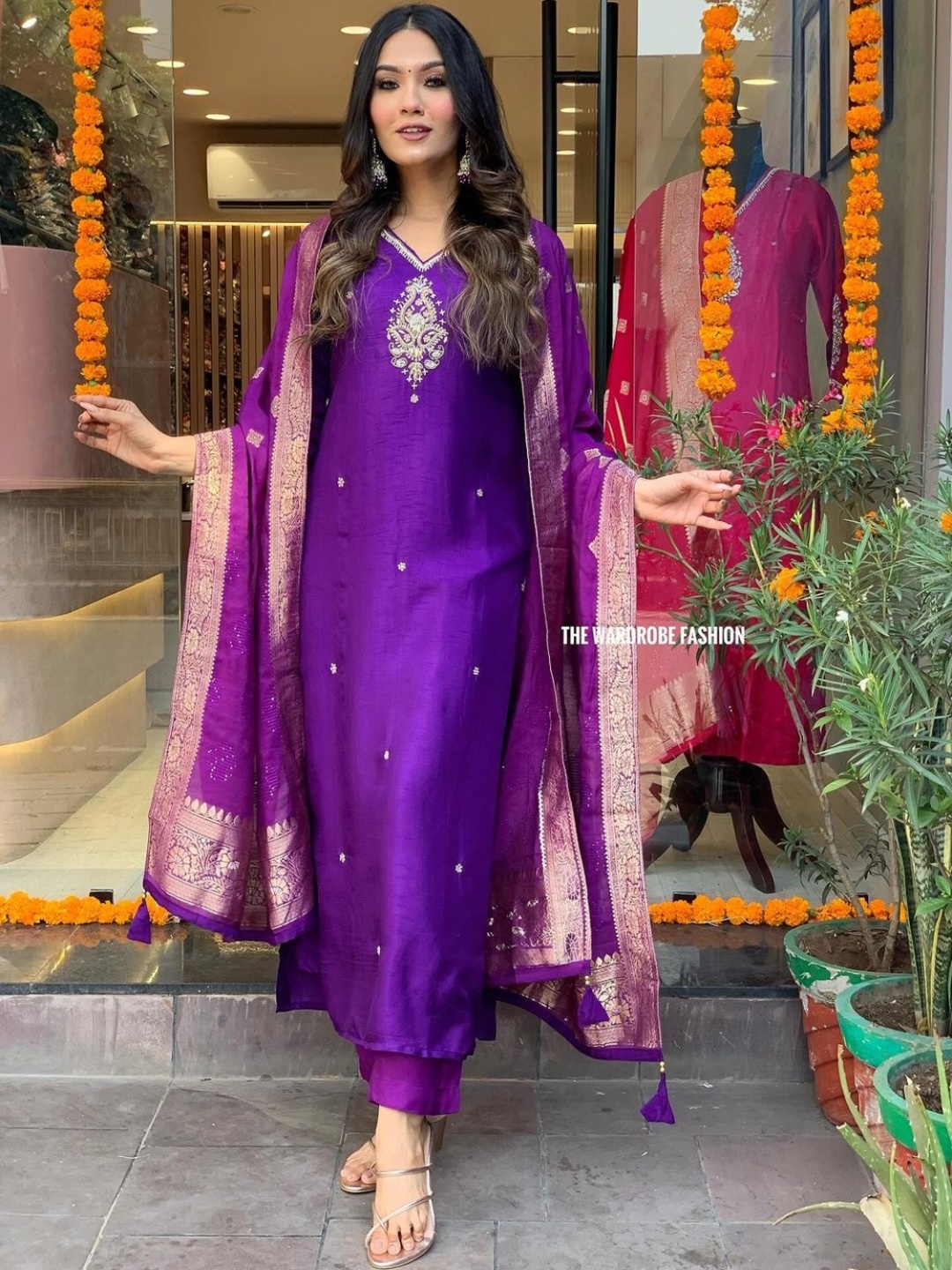 

KALINI Floral Embroidered V-Neck Straight Kurta With Trousers & Dupatta, Purple