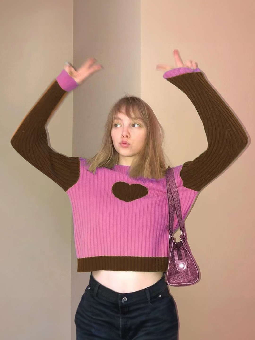 

KPOP Women Round Neck Printed Top, Brown