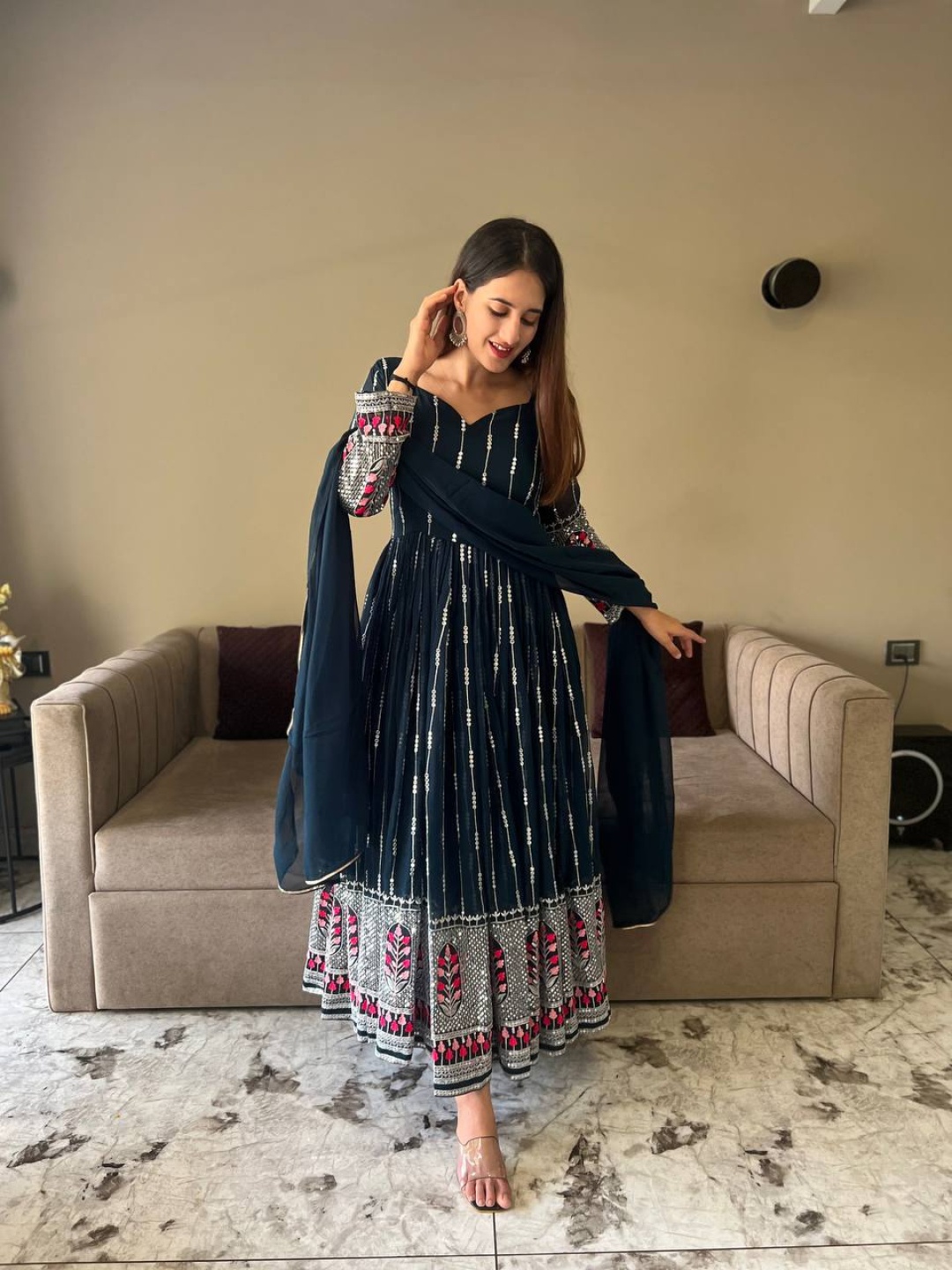 

Fashion Basket Women Floral Embroidered Empire Gotta Patti Kurta with Salwar & With Dupatta, Blue